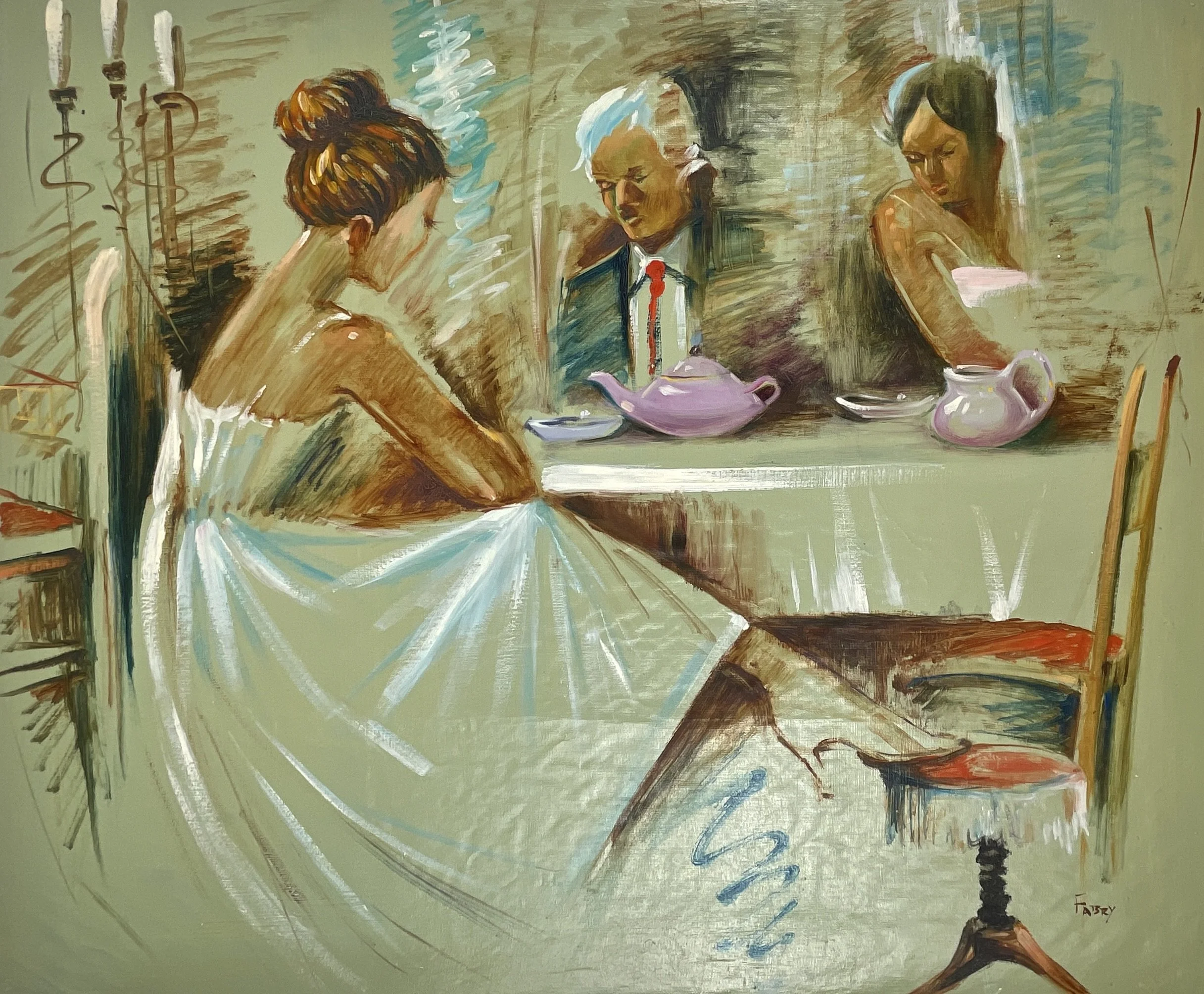 At the Dressing Table (attributed), Fabry, c.1960s–1970s, oil on very thin canvas, 24x20 in, signed lower right