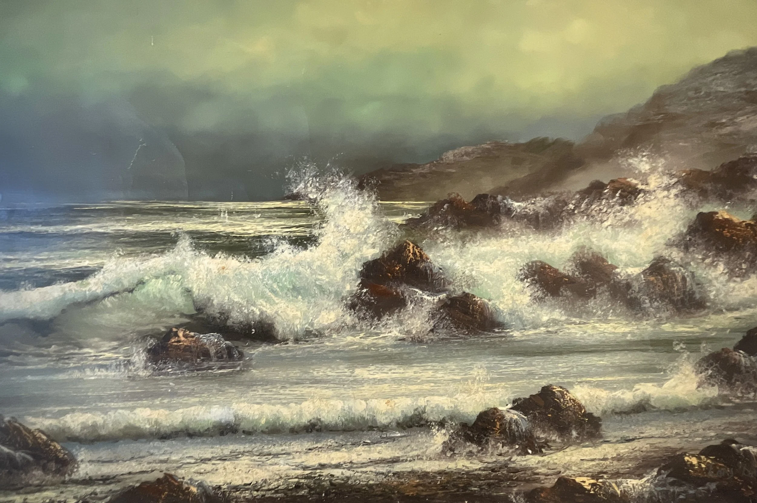 Untitled (Rocky Seascape), Lars Lunge, mid-20th century, oil on canvas, 36 × 24 in., signed lower right, dramatic ocean waves crashing against coastal rocks.