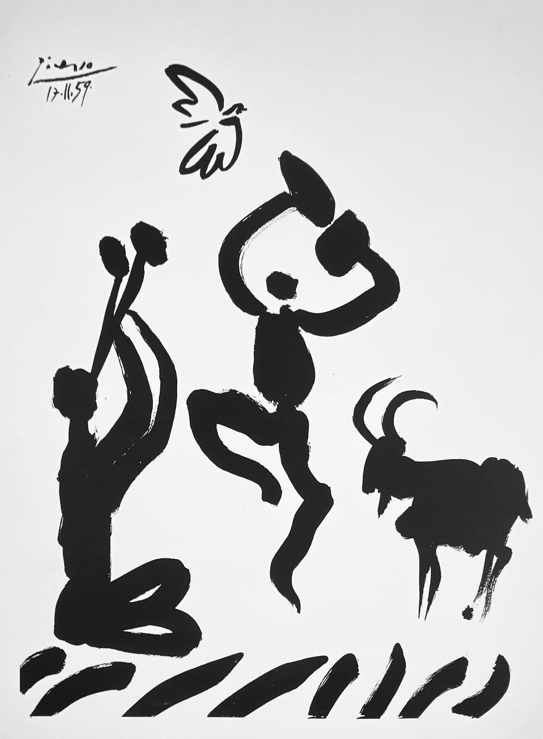 Fawn with Satyrs, Pablo Picasso, dated 17 Nov 1959, lithograph after ink drawing, 15 x 22 in., plate-signed and dated in image.