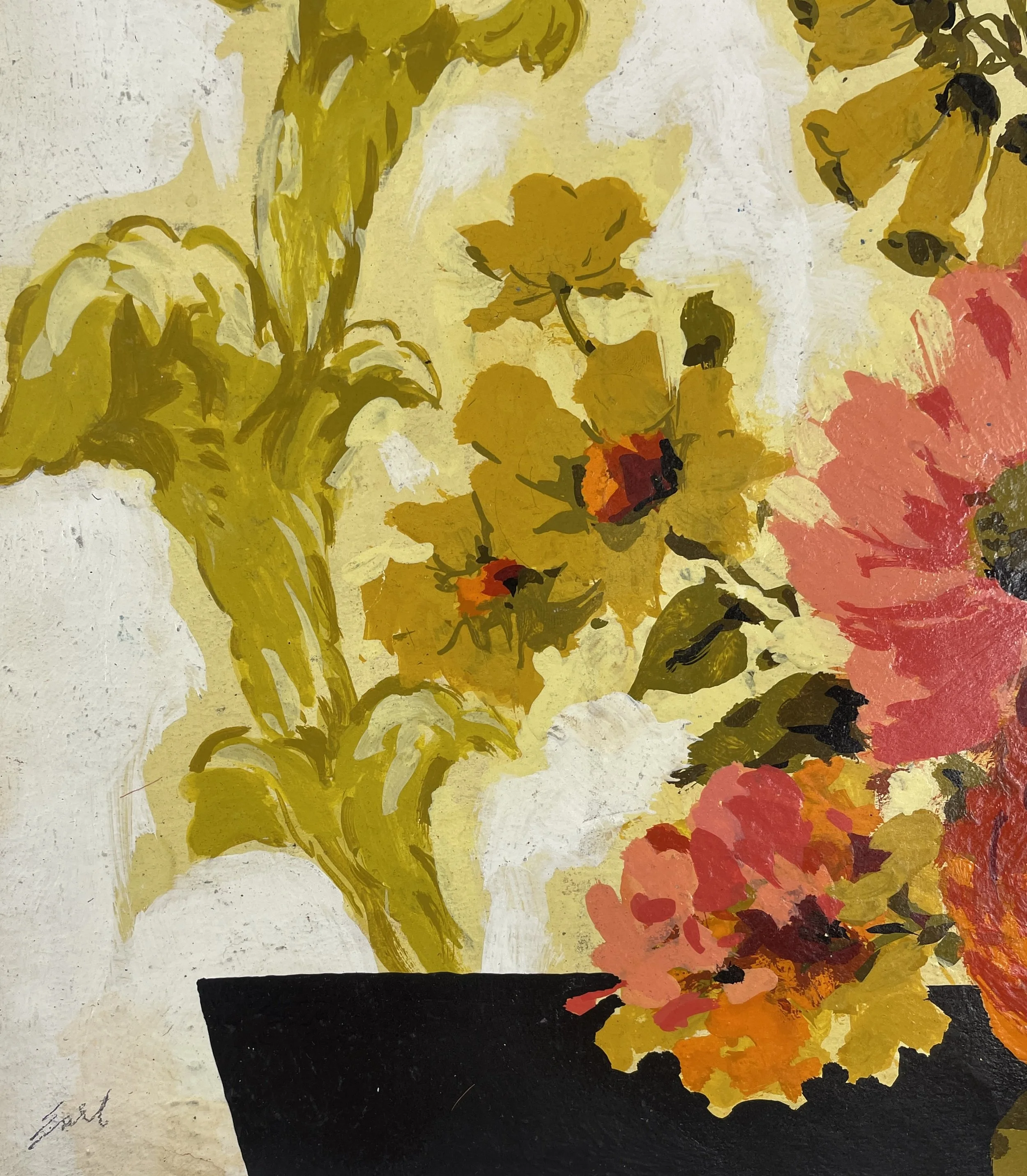 Floral Arrangement in Black Vase (attributed title), Earl (artist not fully identified), c.1960–1975, oil on paper, 12 x 16 inches, signed lower left.