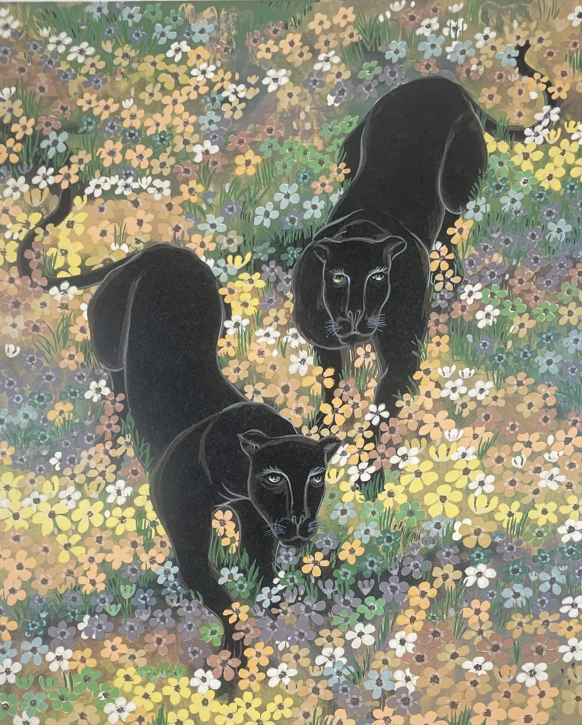 Promenade Gustavo Novoa (b.1941), c.1970s lithograph, 24x29 in, signed & titled, ed. 74/275, surreal jungle panthers