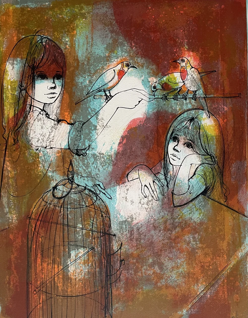 版画 Jean Baptiste VALADIE Jean-Baptiste Valadié E.A. Lithograph | Girls with Birds | Signed