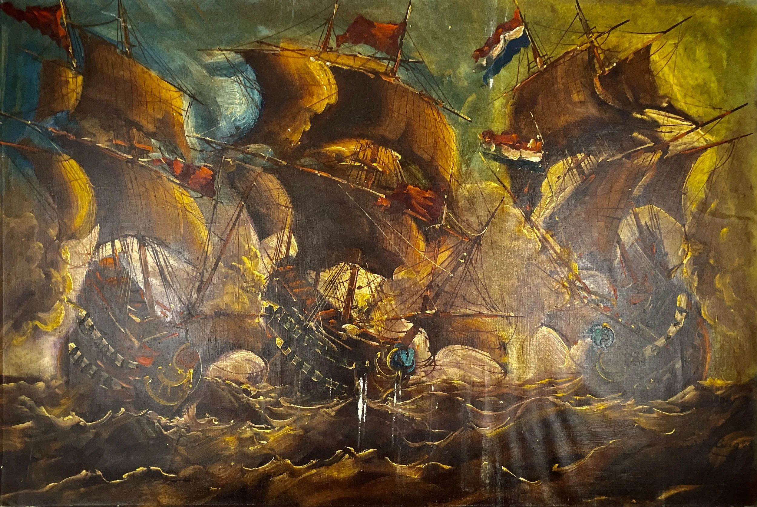 Naval Engagement in Heavy Seas (attributed), Luca Papaluca (1890–1934), c.1930s, oil on canvas, 24x36 in, signed