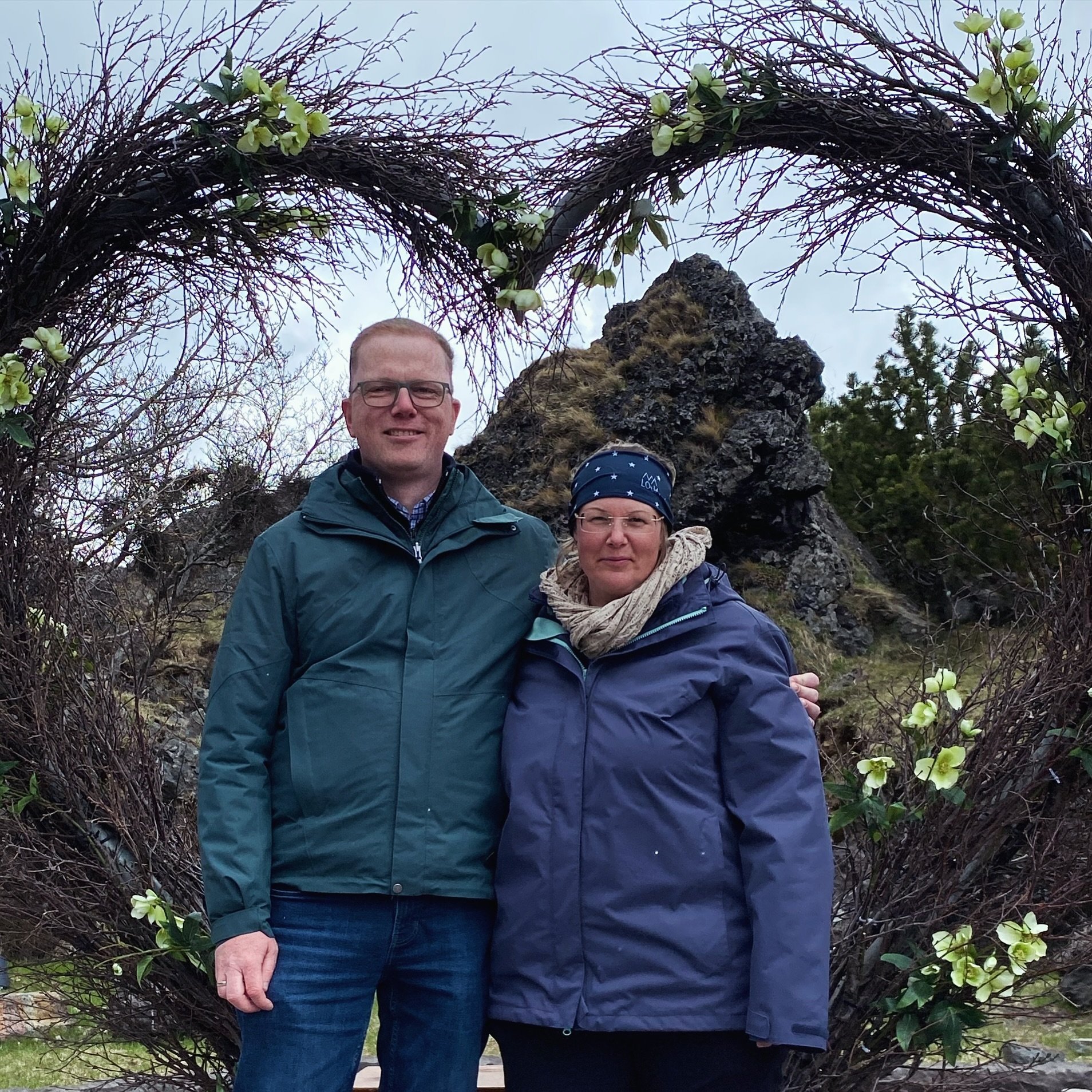 This awesome #german couple are #icelandfans and on their second trip to #iceland they found my tour. In #hellisgerdipark where #magic is the #raven or #Krummi sat in the big pine tree and told us his #story. It made sounds i have never heard. Then I