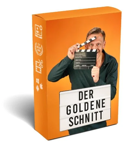 Eine Box eines Onlinekurses für Videoschnitt Christian Sunderdiek mit Filmklappe auf orangem Hintergrund, Text "Der Goldene Schnitt" auf einer Tafel.