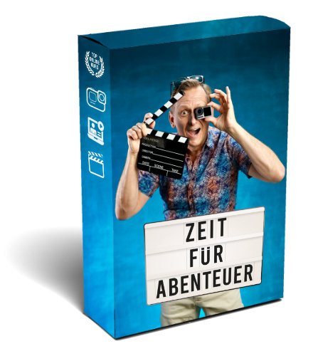 Verpackung mit Christian Sunderdiek in einem bunten Hemd, der eine Filmklappe hält. Darunter steht "ZEIT FÜR ABENTEUER" auf einem Schild. Actioncam Onlinekurs.