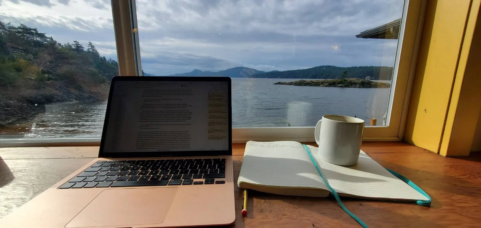 Editing my first novel in a coffeeshop, on Orcas Island, United States