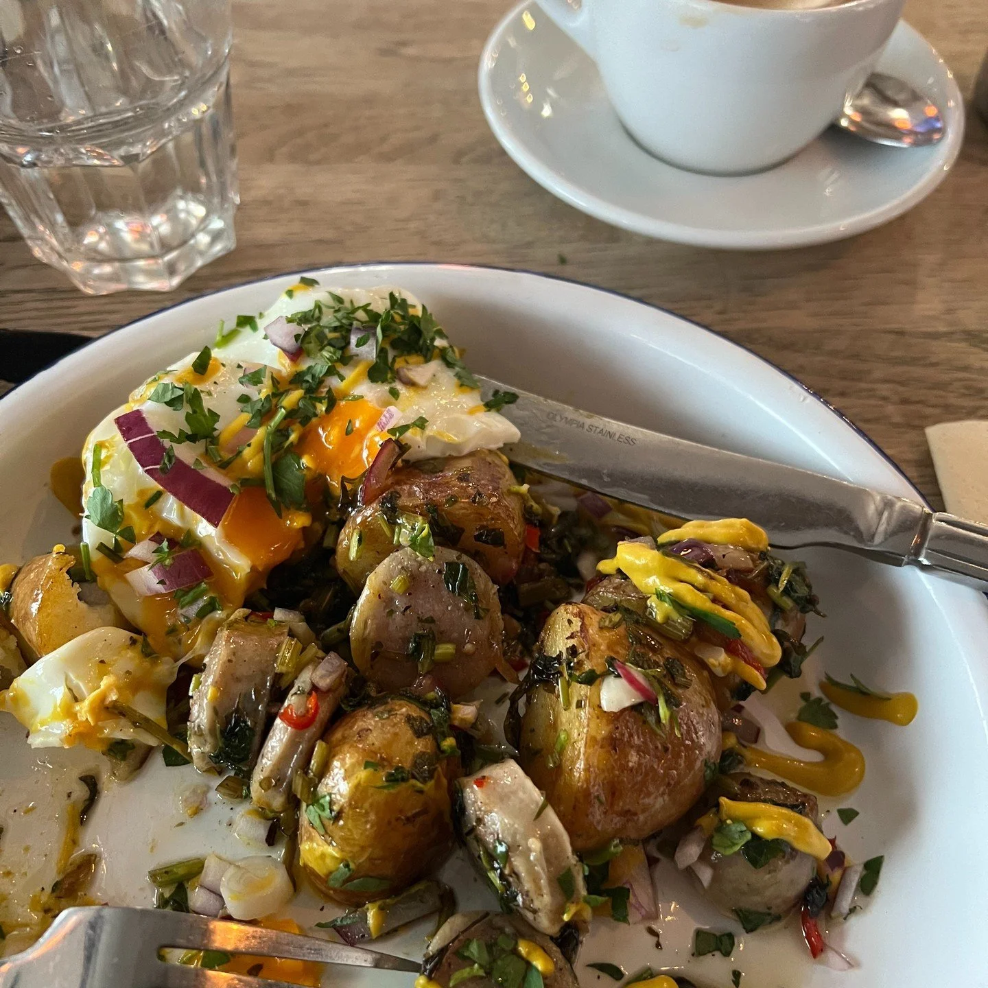 Great breakfast: sausage and egg hash with Americano coffee. All set for a day guiding.