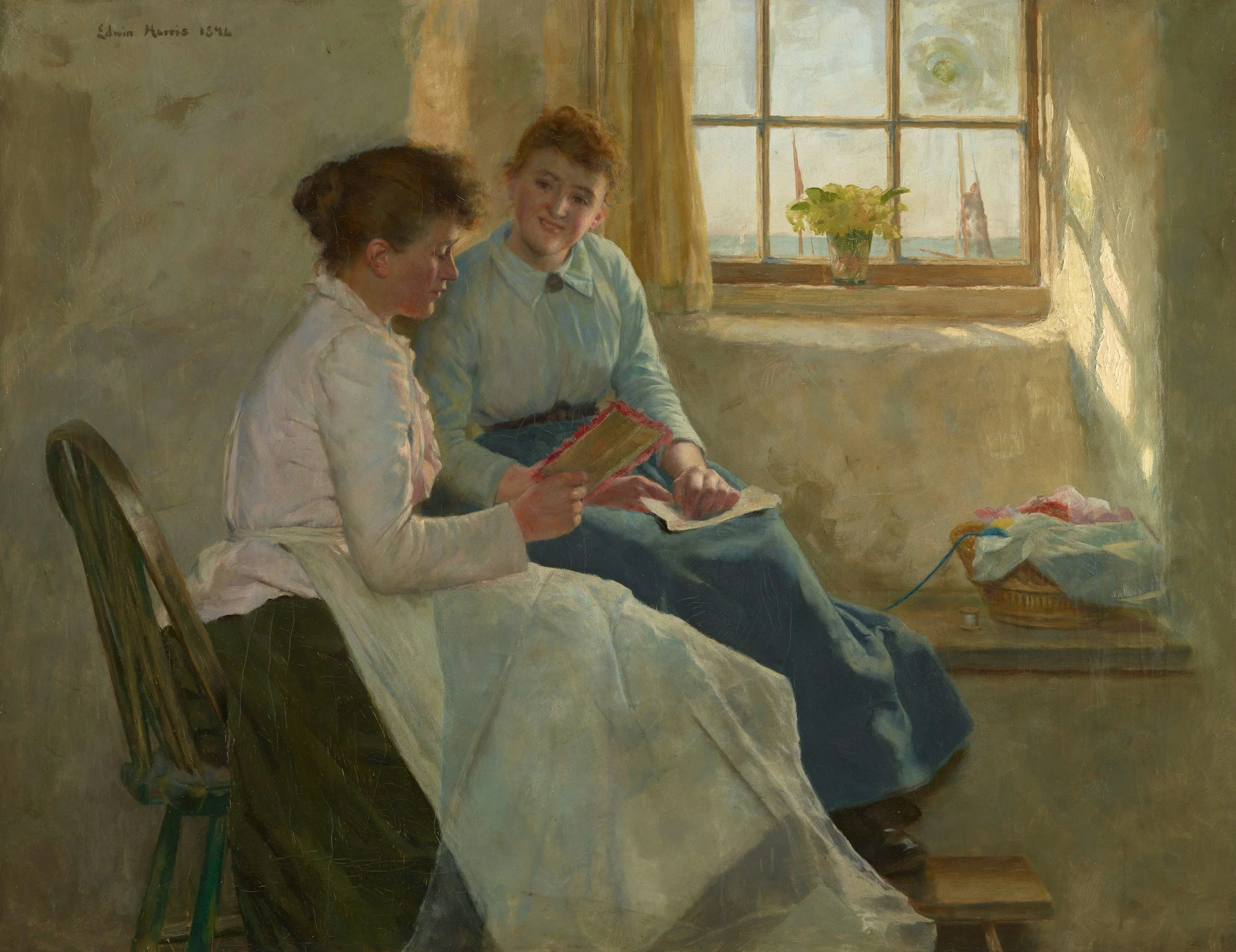 A painting of two women sitting on a bed near a window, one reading a book, the other looking on with a smile.