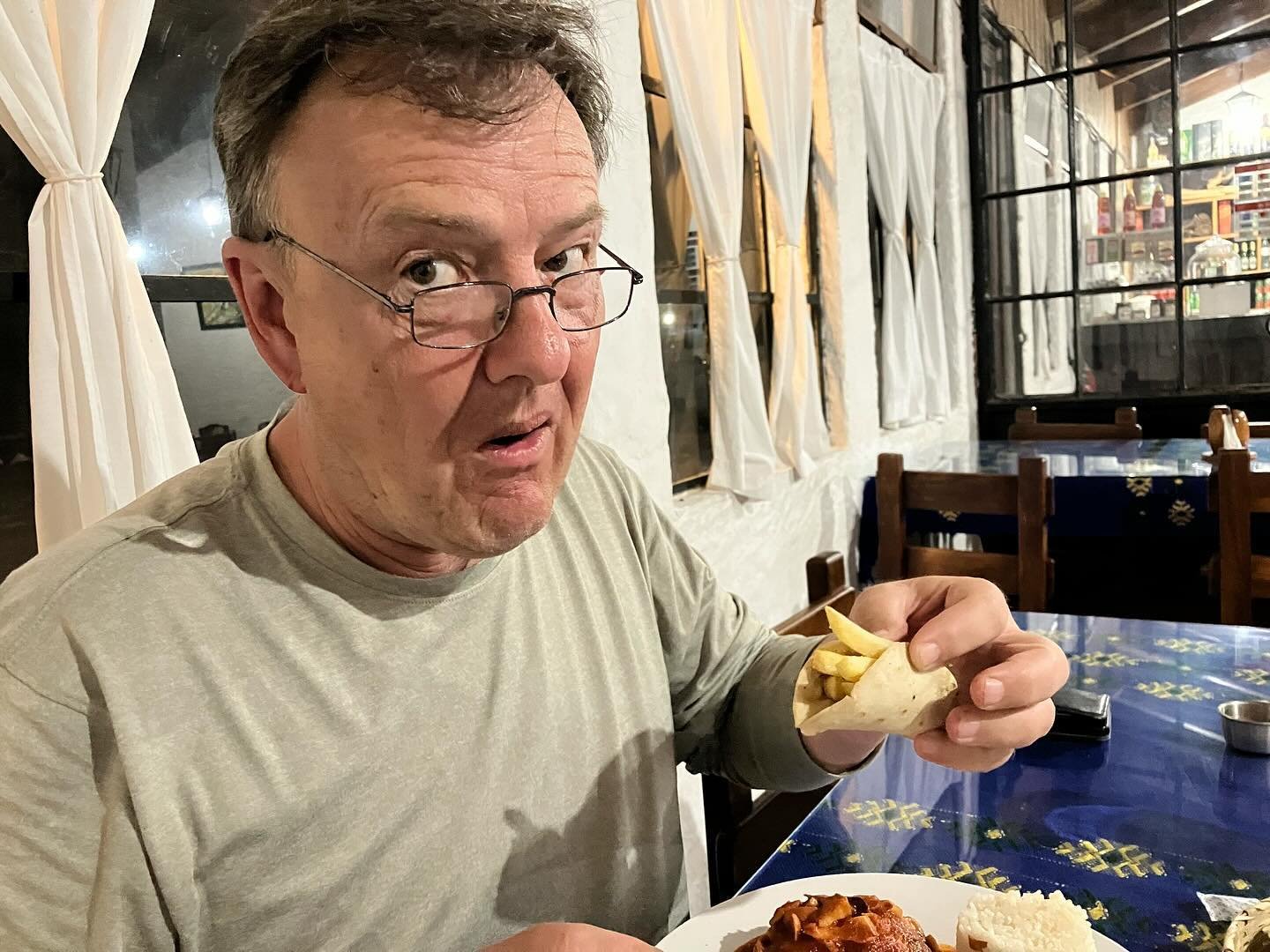 Carl has invented a new Central American cuisine equivalent to the chip butty. 

The chip taco&hellip;!

You&rsquo;re welcome. ☺️ 🤗 

#life2 #life2ontour #rtw #rtwtrip #roundtheworld #roundtheworldtrip #newcuisine #taco #chipbutty #guatemala #getout