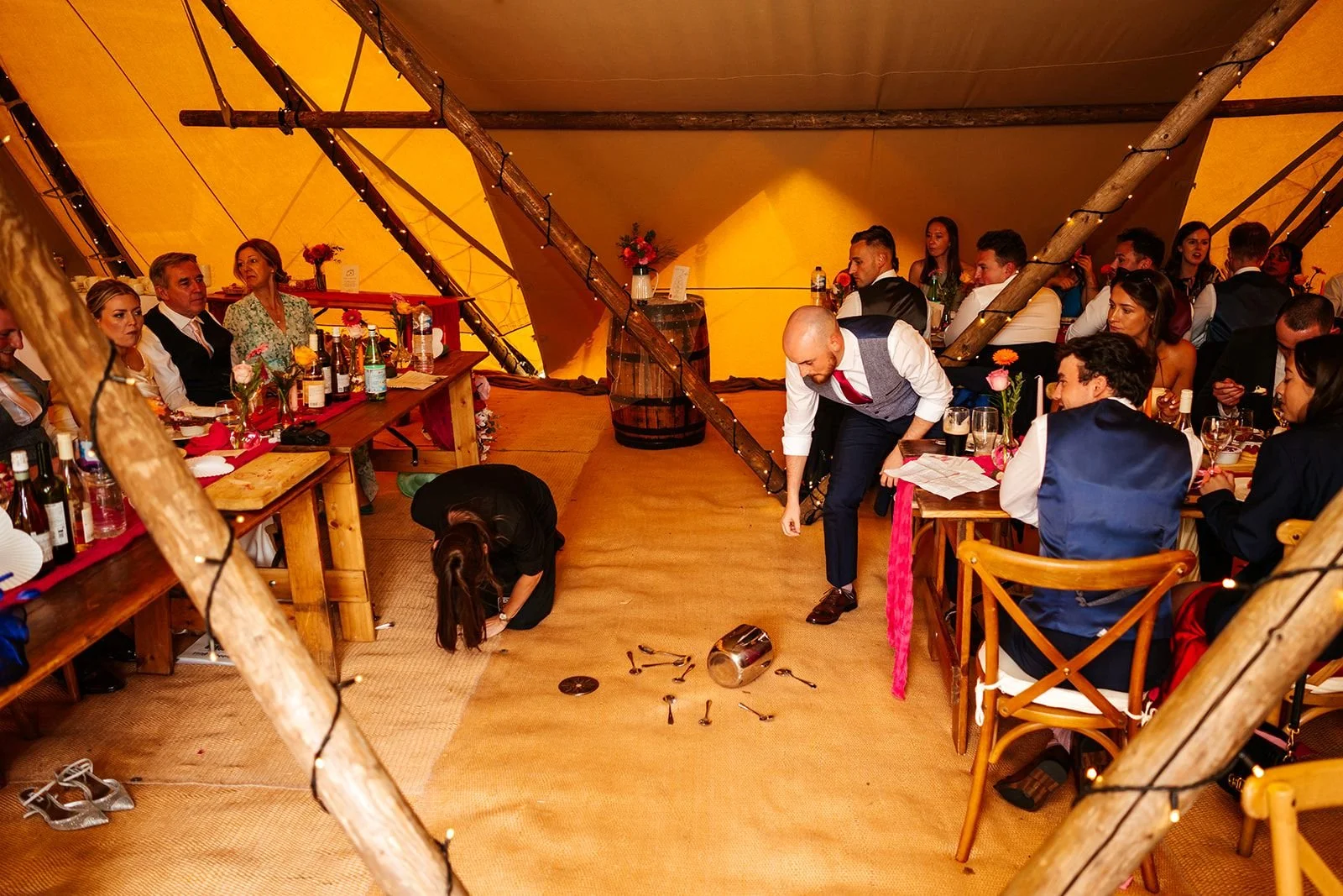 singing waiter falls over tipi wedding