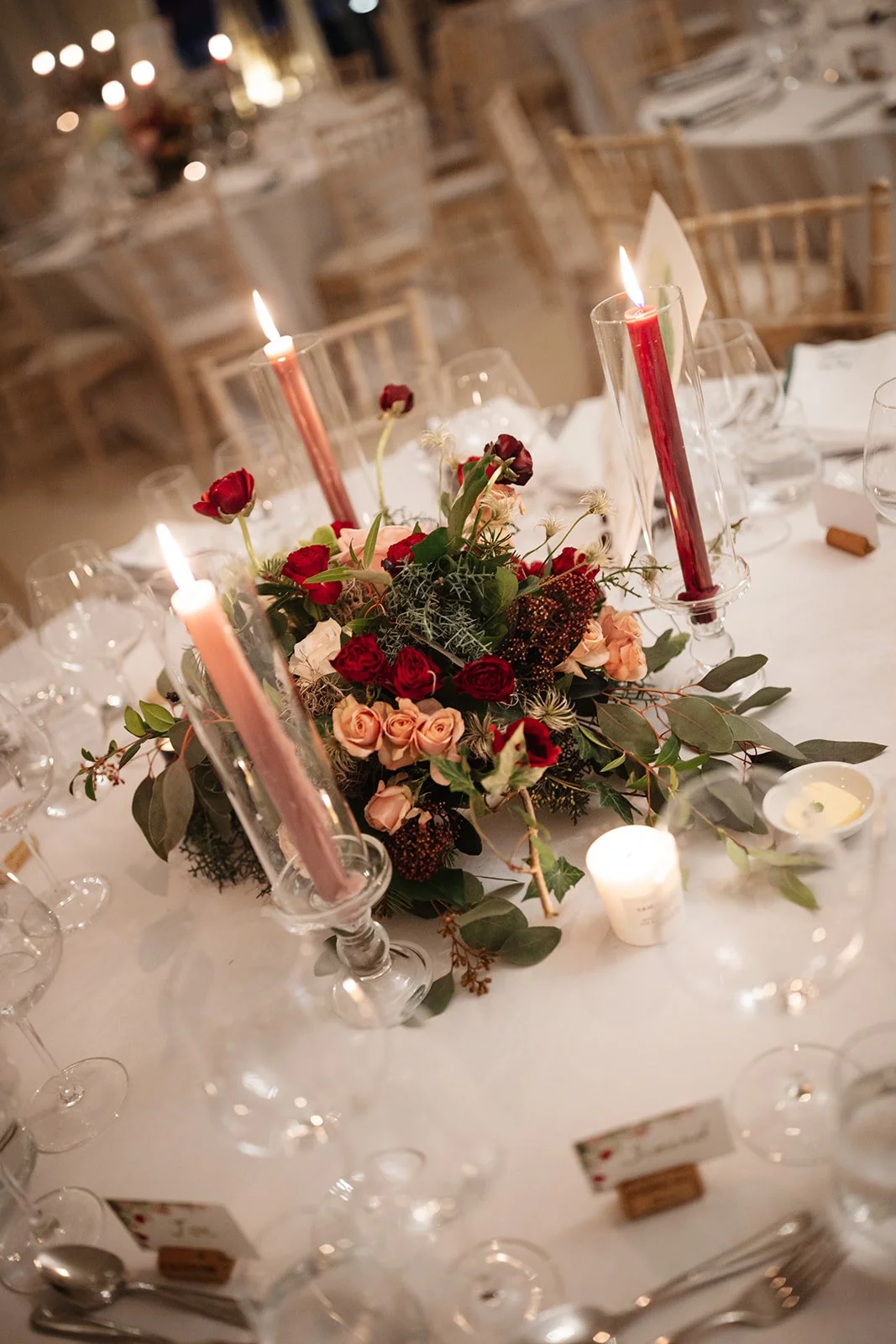 Table decor with flowers and cadles