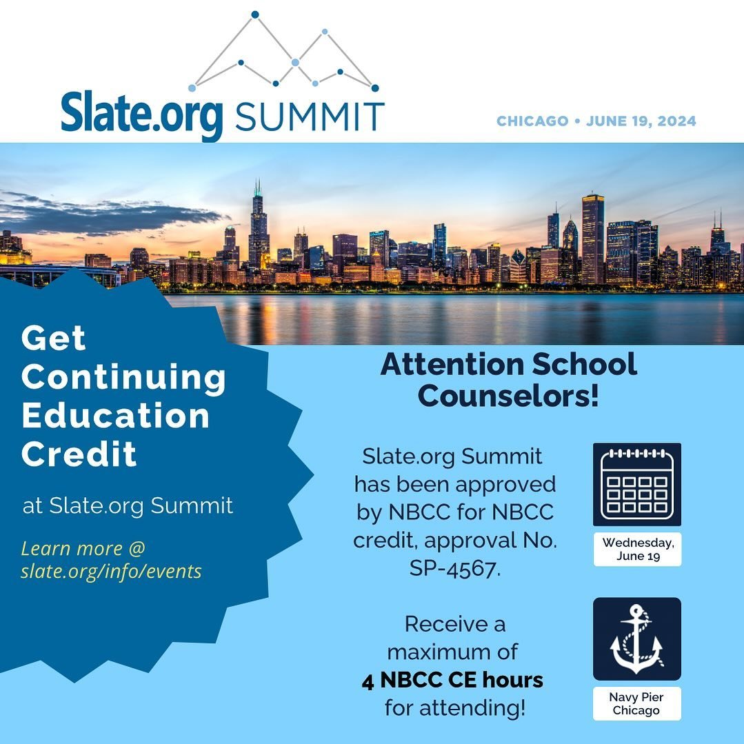 Exciting news🚨: Slate.org Summit has been approved to offer NBCC CE hours for school counselors! You can receive a maximum of 4 CE hours for attending. Learn more and register now at slate.org/info/events #higheredaccess #continuingeducationcredits