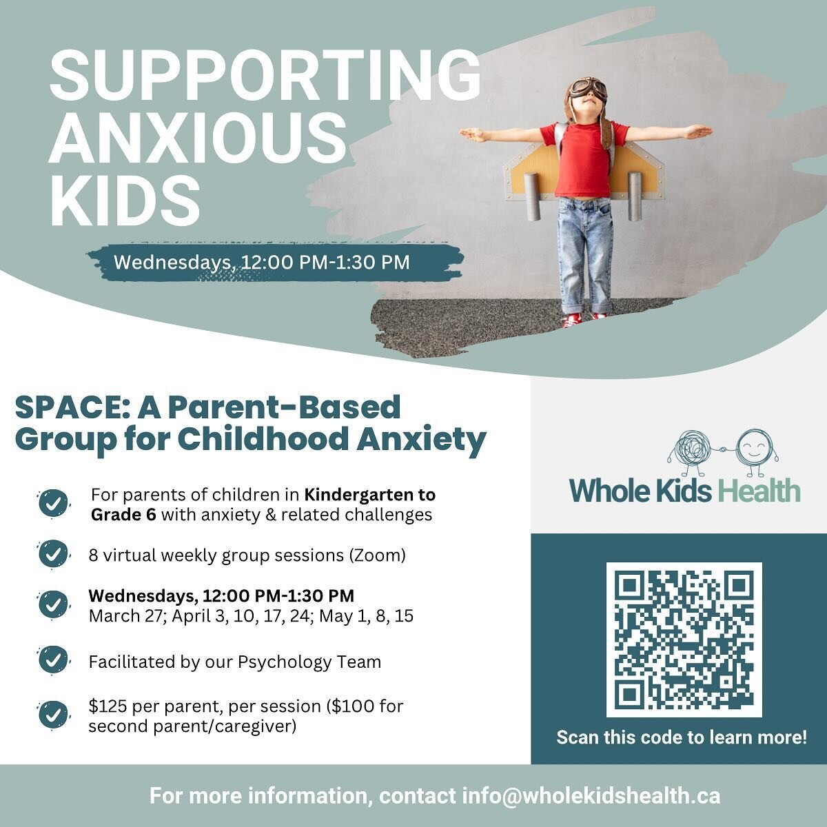 🚀NEW GROUP STARTING MARCH 27! 🚀 Supporting Anxious Kids is an 8-week group for parents and caregivers of children in Kindergarten to Grade 6. The group is rooted in SPACE (Supportive Parenting for Anxious Childhood Emotions) treatment.

What You&rs