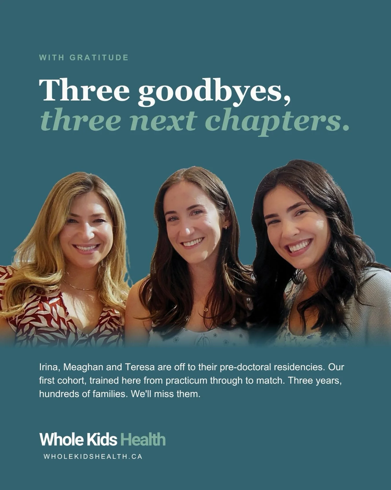 Whole Kids Health opened its doors three years ago, and this is the first cohort of clinicians I have supervised and trained here, from practicum through to the start of residency.

I can&rsquo;t help but get emotional looking at this picture.
All th