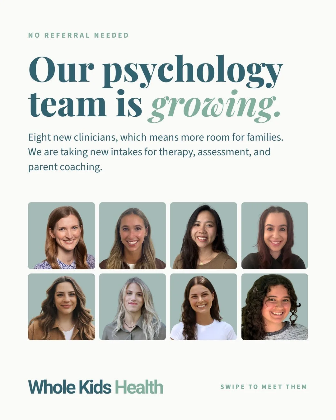 Our psychology team is growing 🌱 Eight new clinicians have joined Whole Kids Health, and we are so glad they are here. They are now seeing children, teens, and families in North York, Oakville, and virtually across Ontario.

A bigger team means more