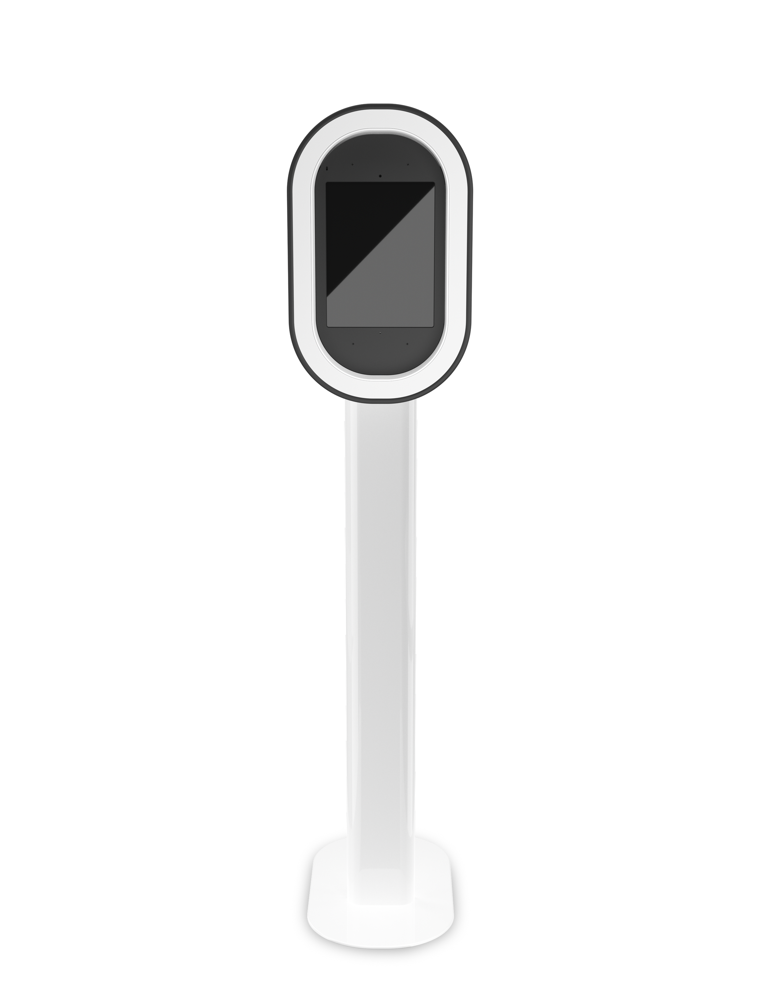 A white photobooth with a black screen, white frame, and white stand against a black background.