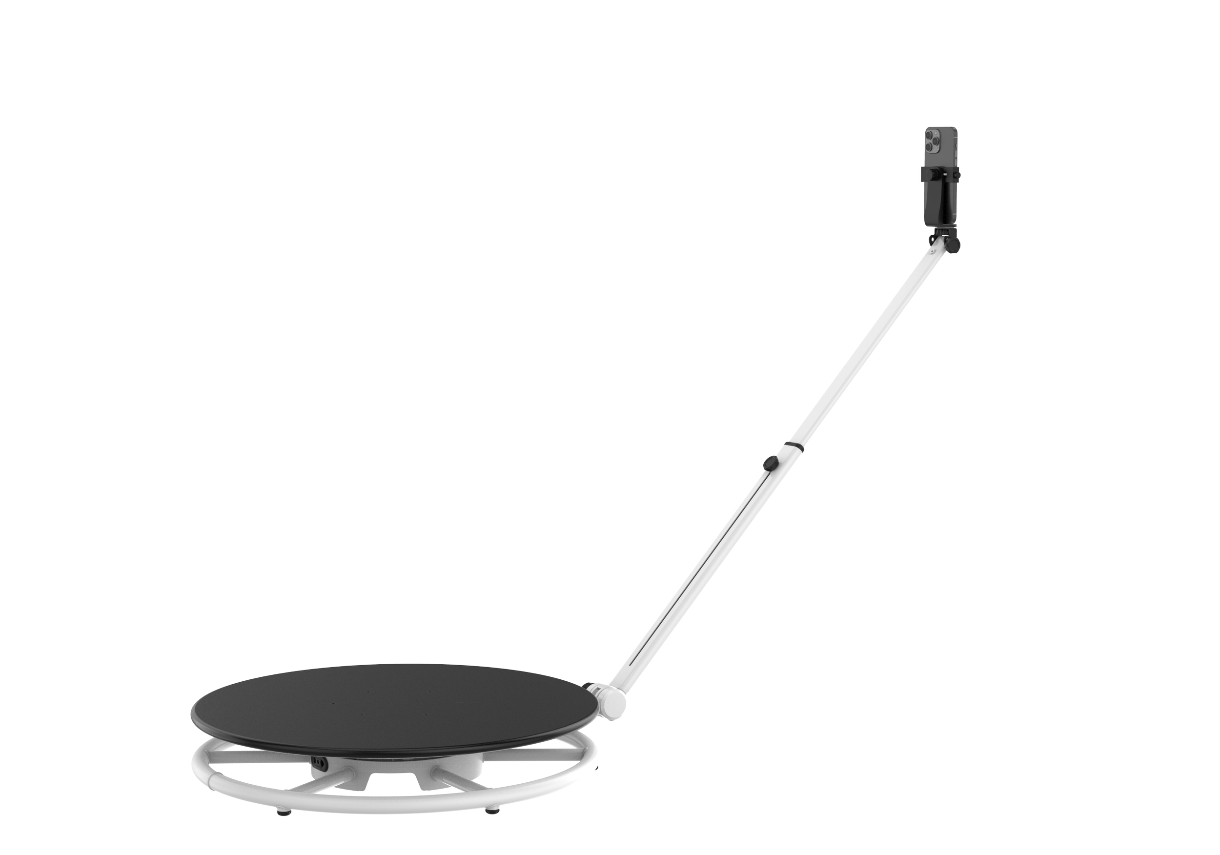 A white and black 360 photo booth with a camera attached to a arm extended out on an angle.