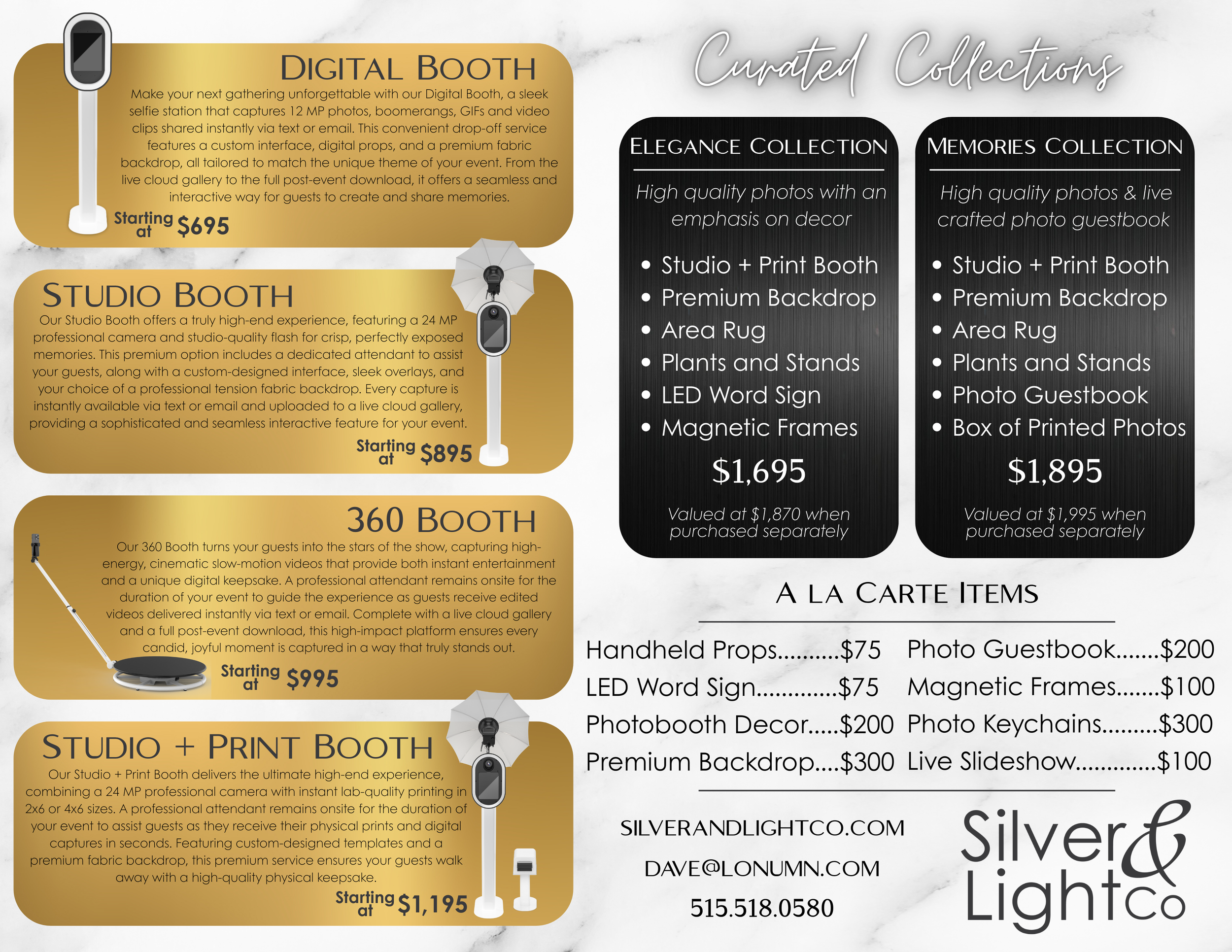 An informational flyer for Silver & Light Co. showcasing event photo booth services, including a digital booth, studio booth, 360 booth, and studio plus print booth, with prices starting from $695 to $1,195. It also lists curated photo collections, a la carte items like photo guestbook, photo keychains, and live slideshow, and contact information.