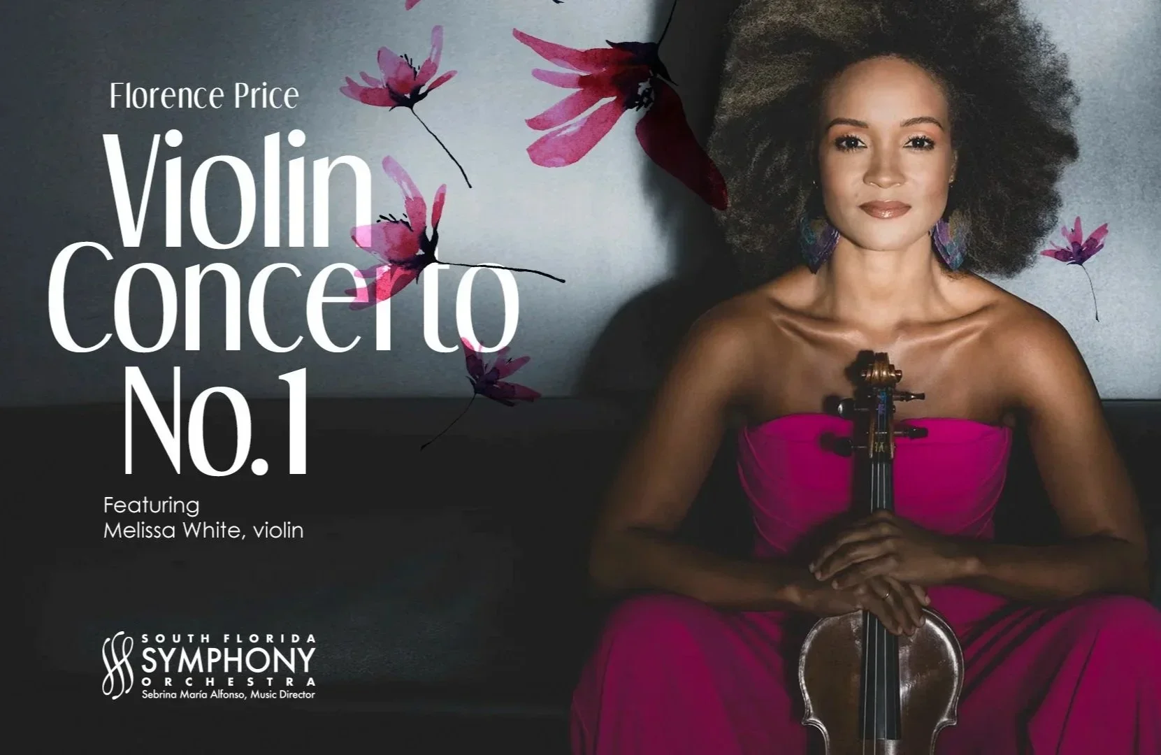 A woman with curly hair wearing a bright pink dress and colorful earrings, holding a violin and bow, smiling at the camera. The background is a simple gray wall, and there is text overlay promoting the South Florida Symphony Orchestra with Sebrina Maria Alfonso as music director.