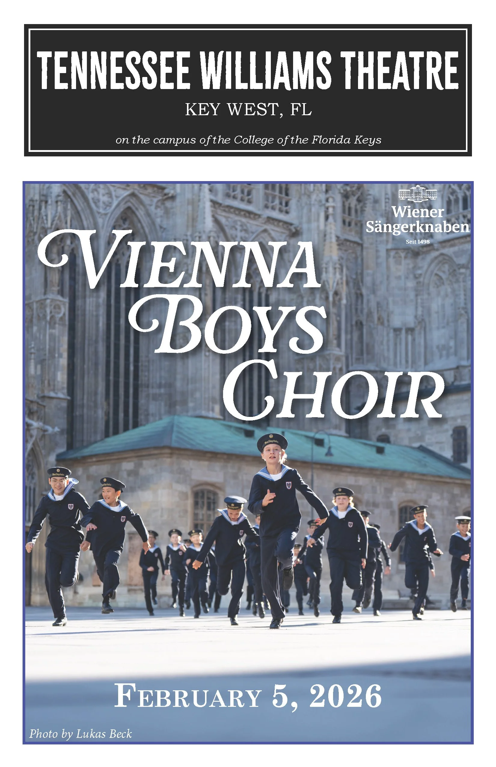 Playbill cover featuring Vienna Boys Choir, held at Tennessee Williams Theatre in Key West, Florida, on February 5, 2026, with a background photo of boys running in front of a cathedral.