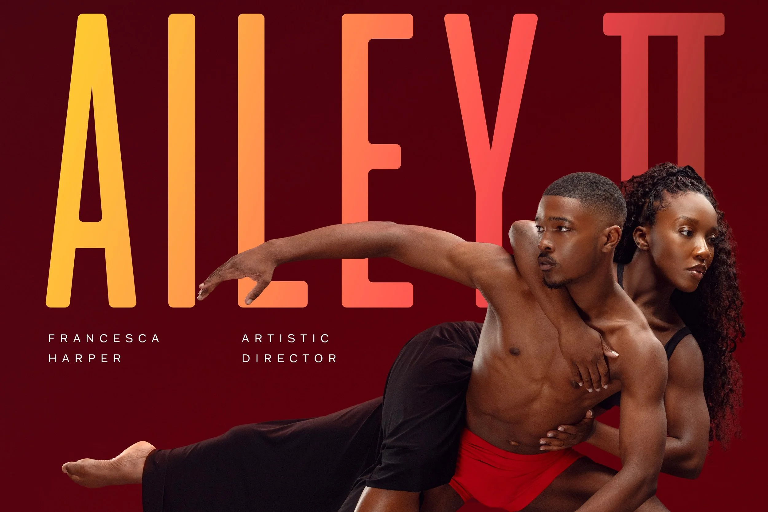 Promotional poster for the dance performance titled 'Aliety'. The poster features a man and a woman in a dance pose against a dark red background. The man is shirtless and wearing black pants, and the woman is wearing a red outfit. Large stylized yellow and red text spells out 'ALIETY'. The names Francesca Harper and Artistic Director are written in smaller white text at the bottom.