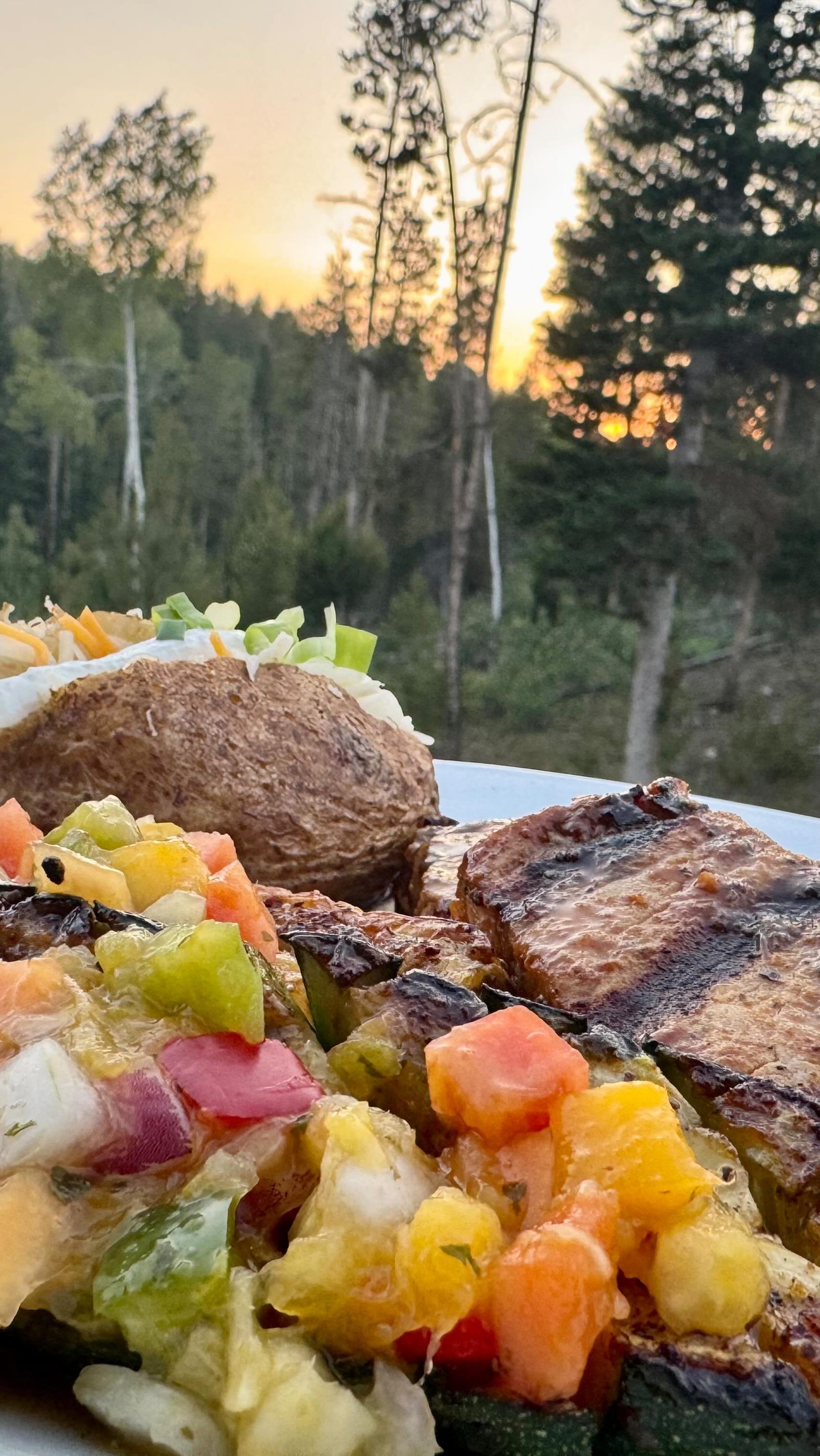 Beautiful food, with a beautiful view, and beautiful company to take it all in.
Seared zucchini with a tropical fruit salsa (from @harmonsgrocery Grocery )
Grilled Marlin (caught on my last trip to Mexico)
and a fire baked potato, all seasoned to