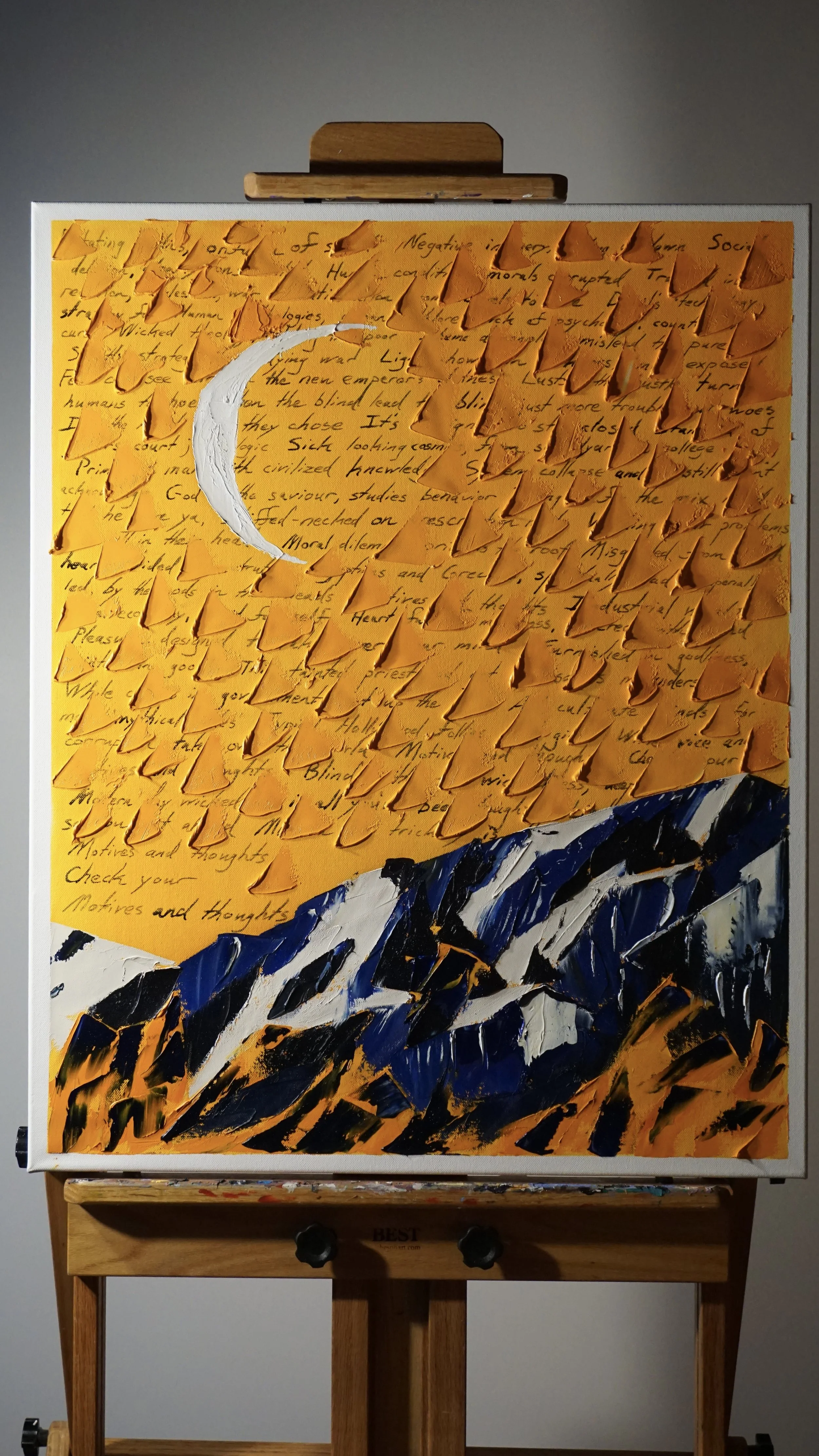 Abstract orange oil painting with writing and mountains beyond a moon.