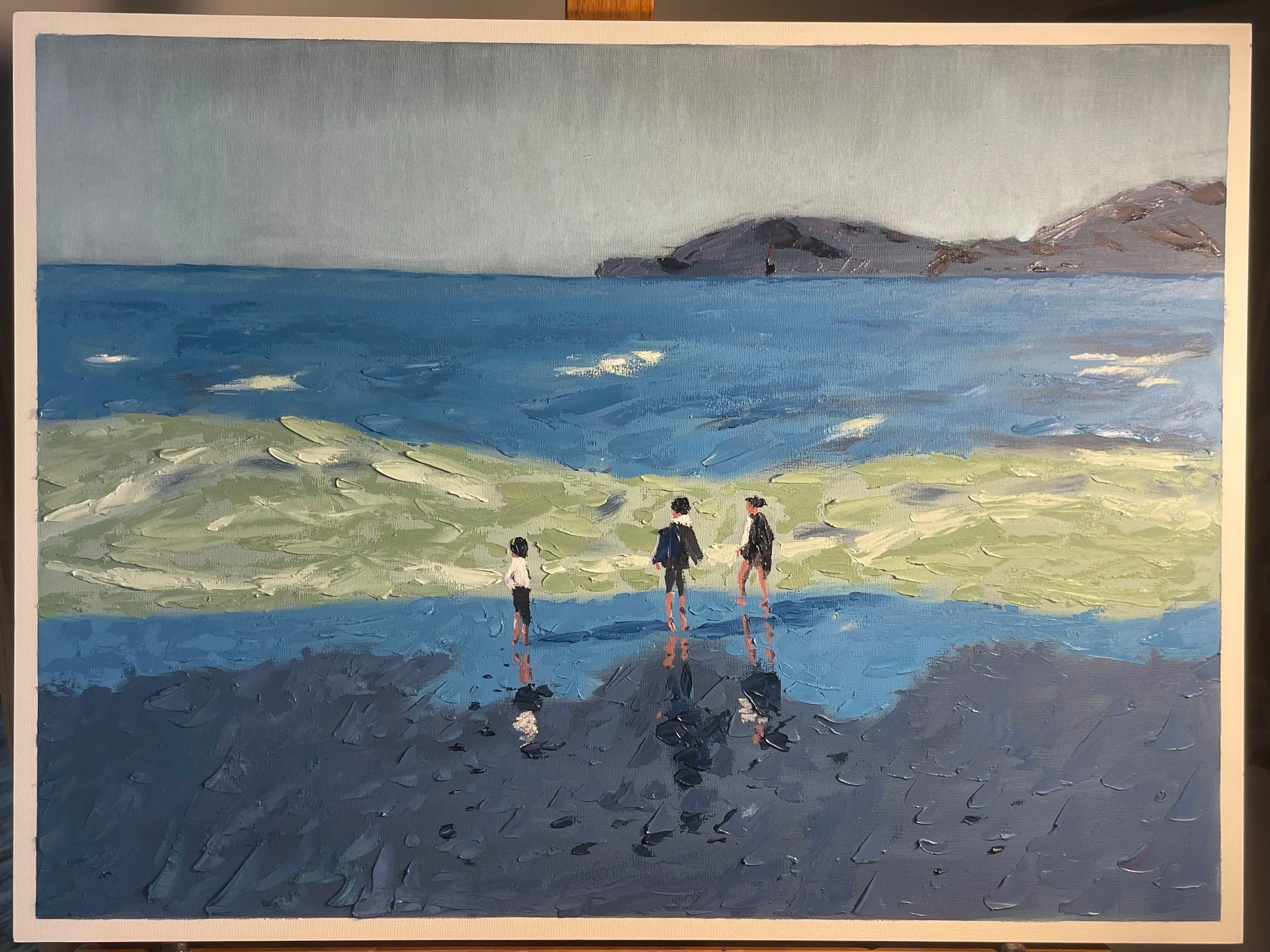 Impressionist-style painting of three figures standing at the beach by Kevin Koza.