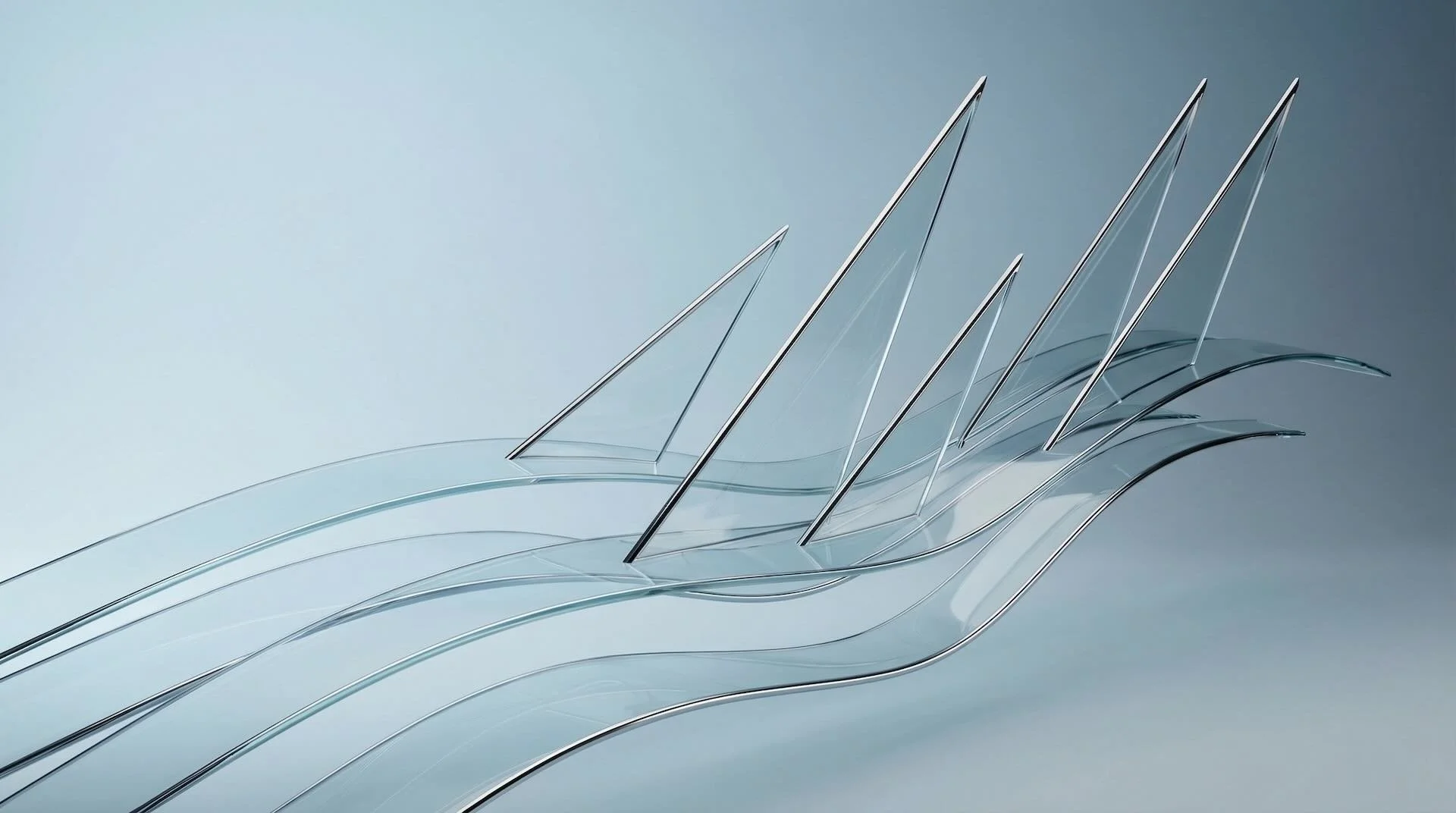 A train traveling on a single railway track through a large blue structure with multiple arches.