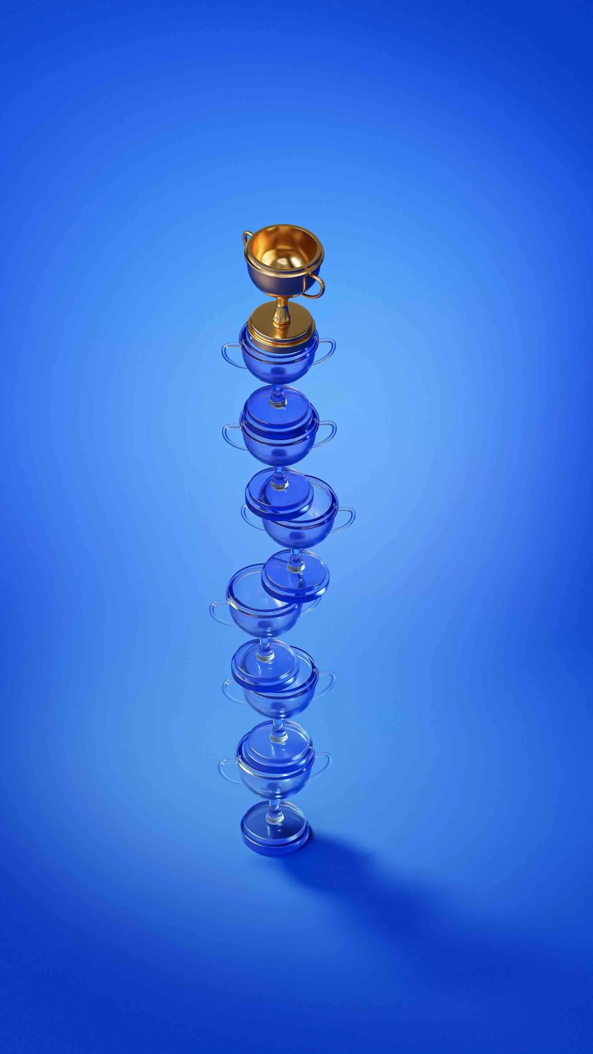 A stack of seven clear blue and one gold trophy cups placed upside down, with a blue background and a reflection on a glossy surface.