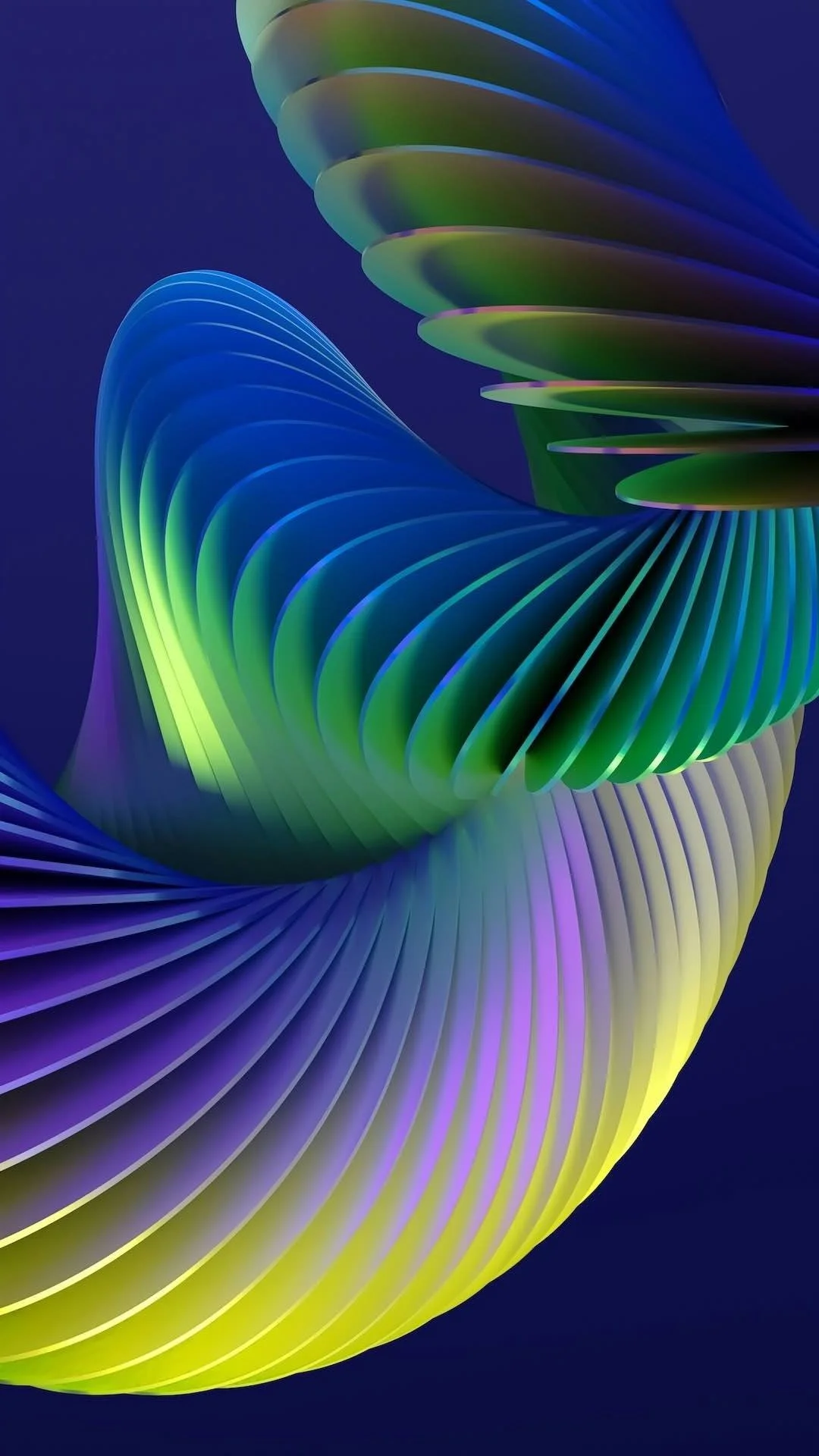Abstract digital artwork with colorful, curved, ribbed shapes in blue, green, purple, and yellow on a dark background.