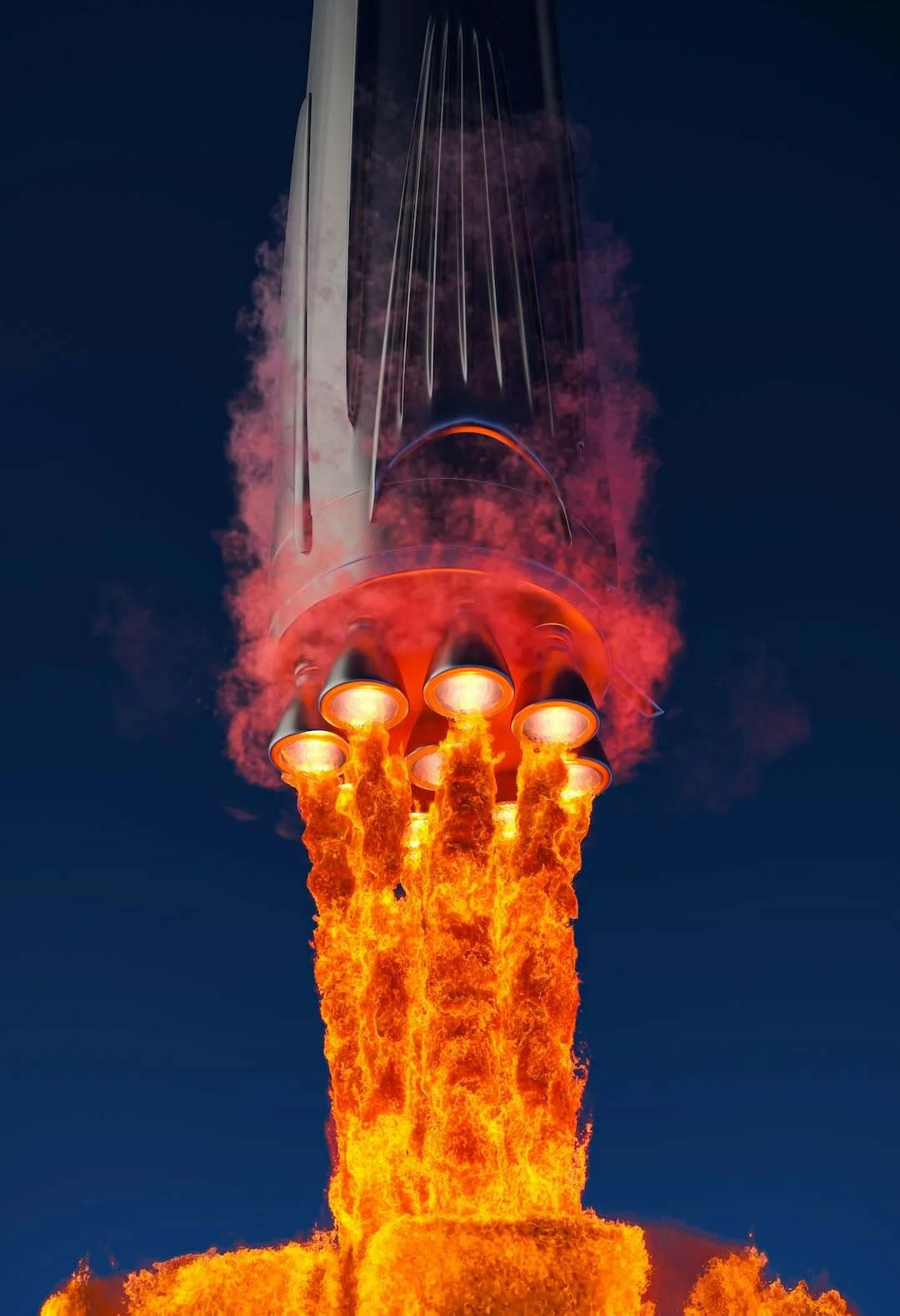 Rocket launching with exhaust flames and smoke against a dark sky.