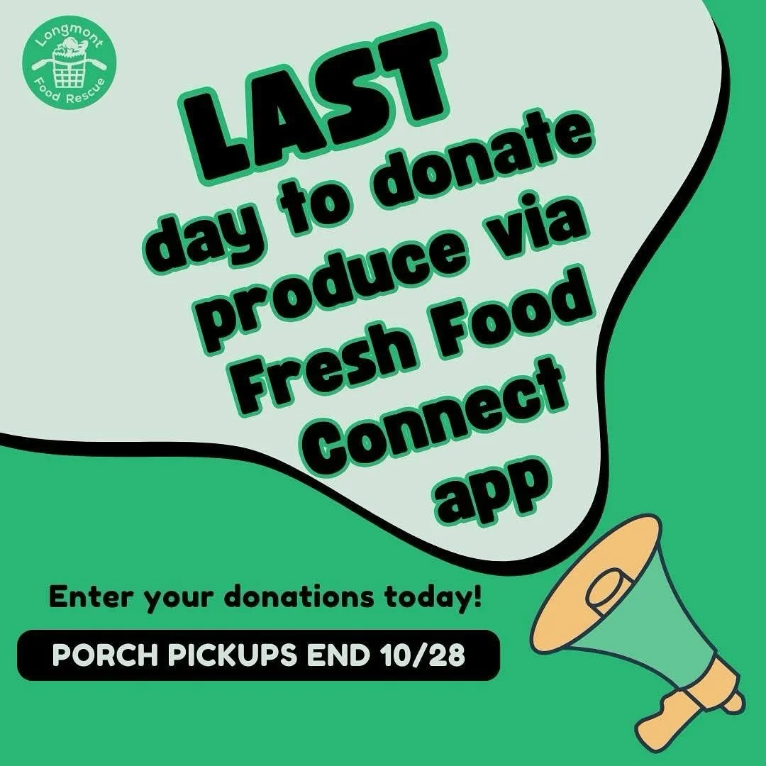 Attention Home Gardners! Tomorrow will be our LAST produce pickup for the season. If you’ve been donating via the Fresh Food Connect app, please enter your final donations by 9am on 10/28 for porch pickup. 
Donations will continue to be welcom