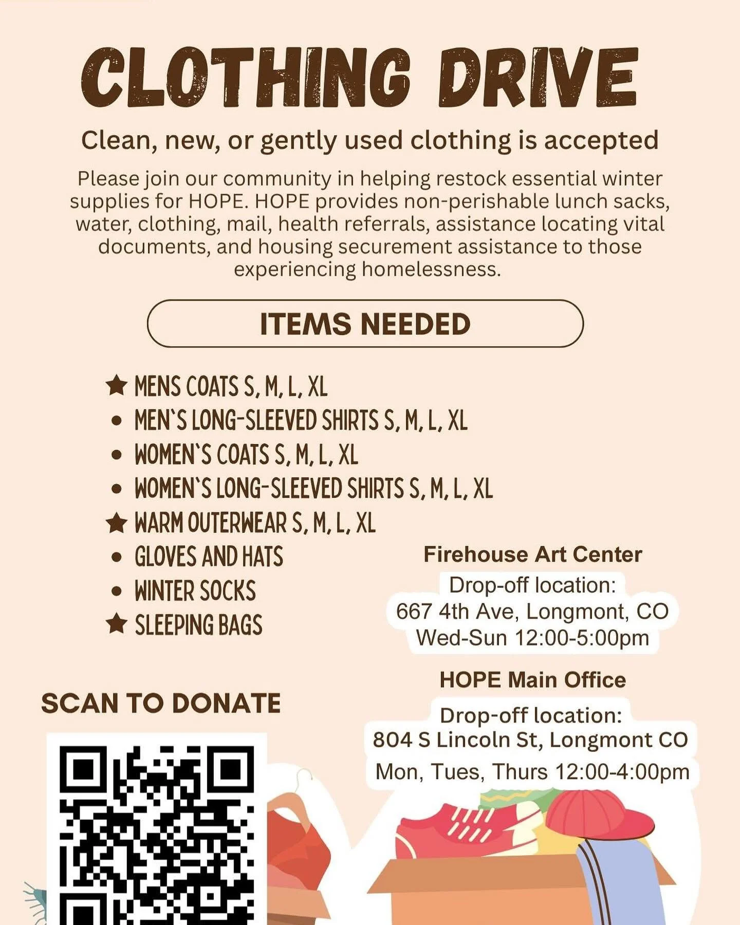 We&rsquo;re so grateful to be partnering with our friends at @firehouseartcenter to host a winter clothing drive for @hopelongmont 

Sadly, a few weeks ago, HOPE&rsquo;s supply shed was broken into and nearly $4,000 worth of winter essentials were st