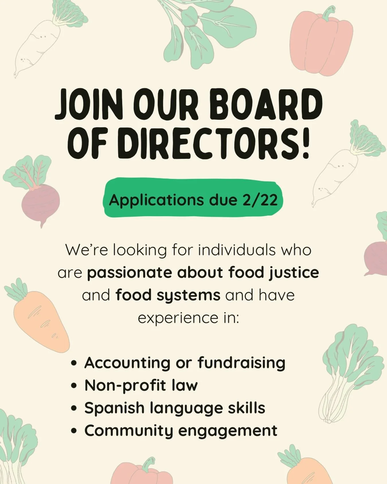 Want to get more involved in our work? Join our Board!

We are actively seeking members who have skills in: 

-Fundraising or accounting

-Spanish language

-Non-profit law

-Community engagement

Learn more and submit your application here: https://