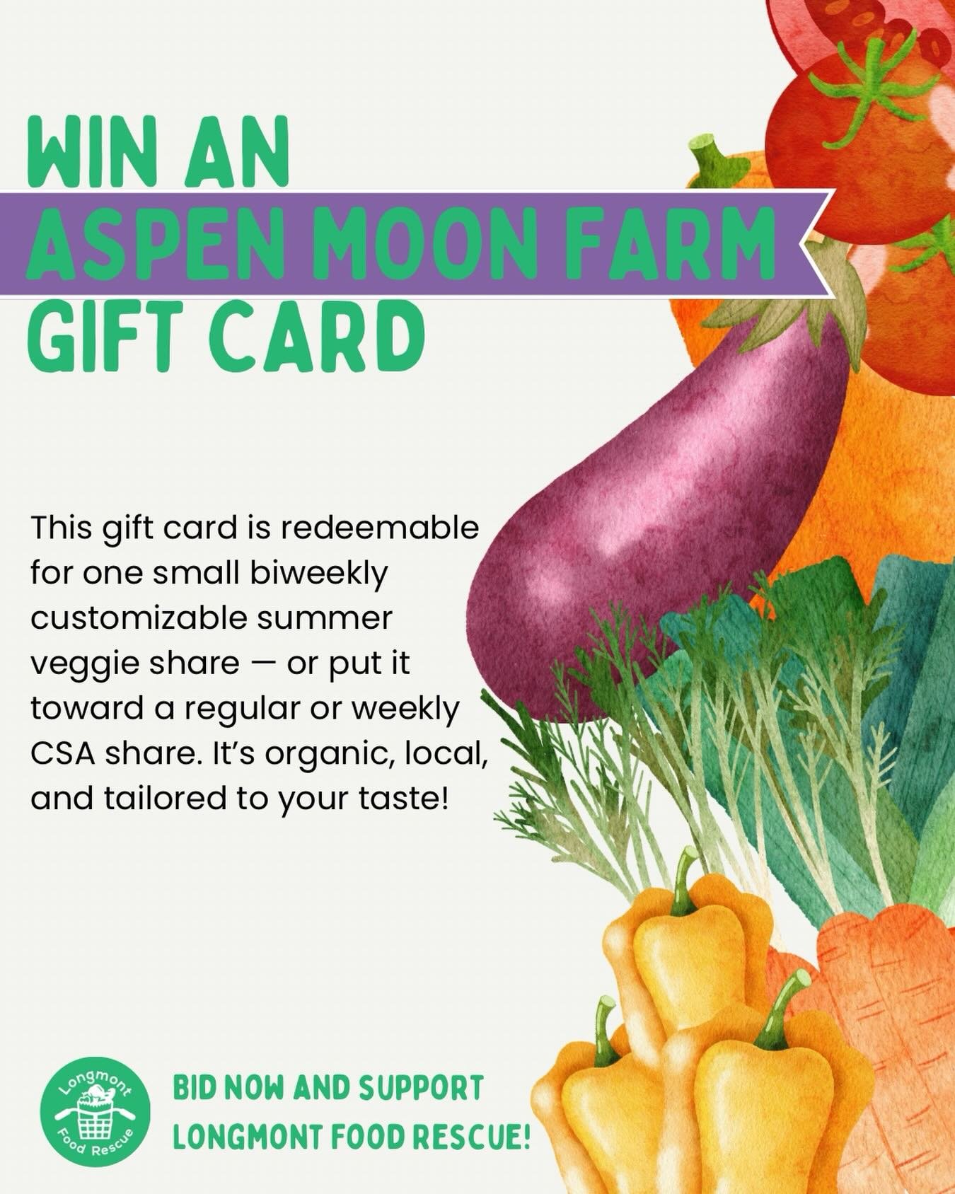🥕 Veggies, but make it local, organic, and totally customizable. 🥕 

Snag a CSA gift card from Aspen Moon Farm in our silent auction! Valued at more than $350, it&rsquo;s good for a biweekly summer veggie share or credit toward a bigger haul. Fresh