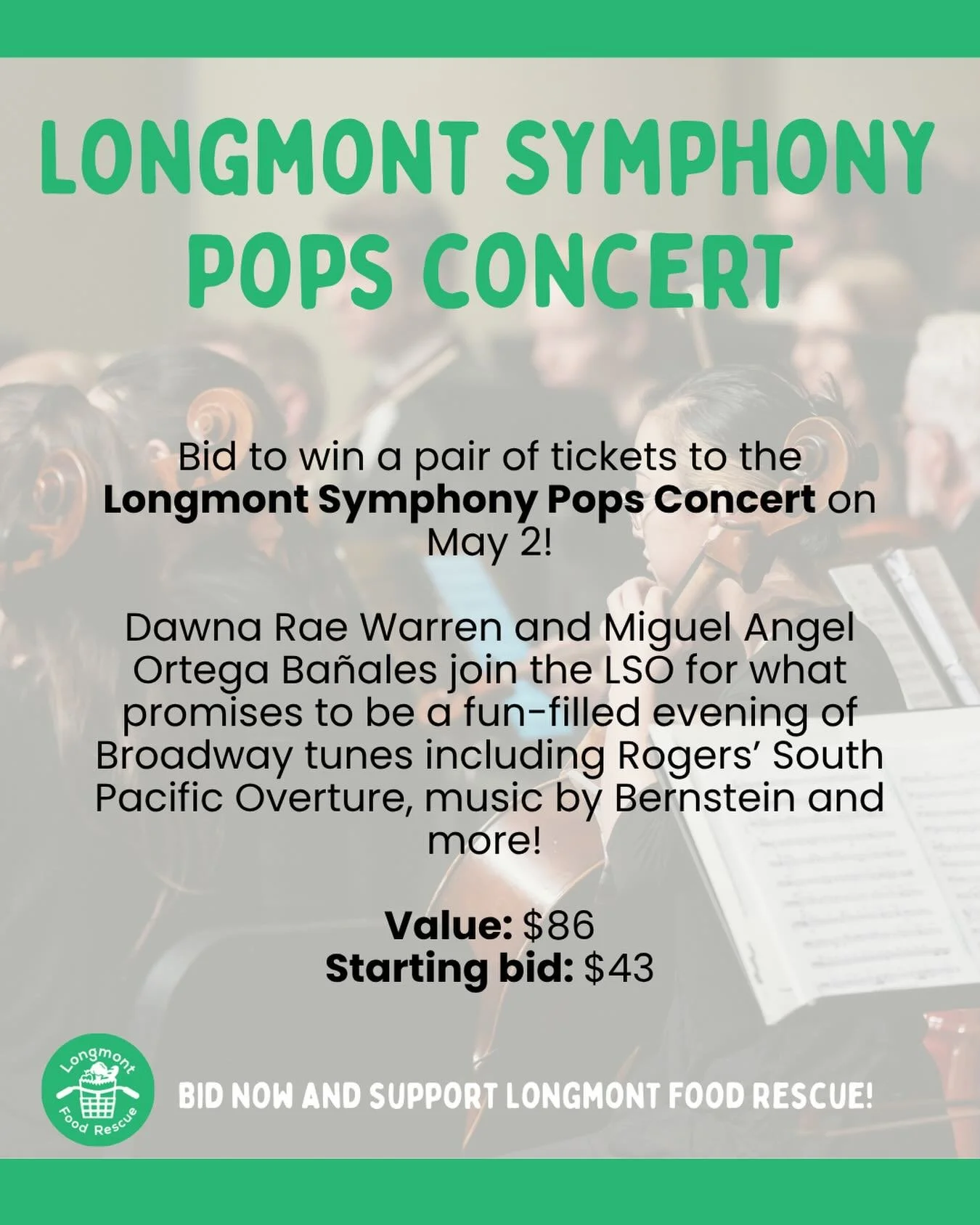 🎶 Need a date night idea? How about two tickets to the symphony? 🎶

And (bonus!) you don&rsquo;t need to leave Longmont.

The generous team at @longmontsymphony has donated a pair of tickets for their May 2 Pops Concert to our silent auction. Biddi