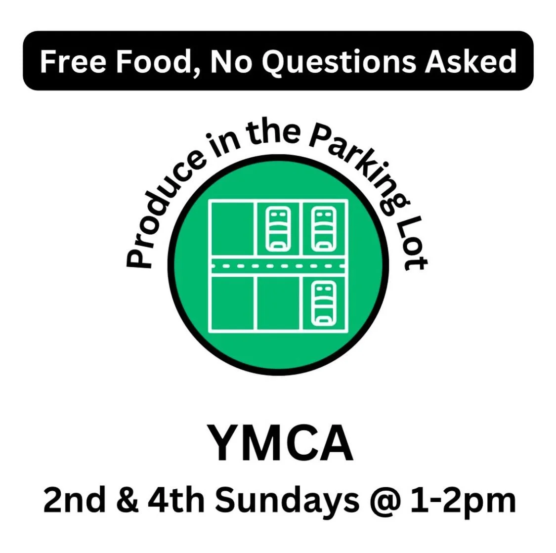 This Sunday at the Y! 💚

Free drive-up food distribution, 1-2pm on the even (2nd &amp; 4th) Sundays of each month! No forms to fill out or questions asked. Food is a variety of fresh fruit, vegetables, prepared deli foods, dairy, and bakery items, d