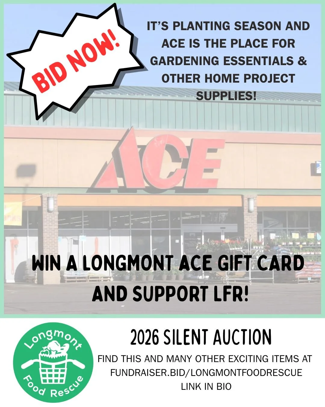 Looking forward to spending more time outside? Bid to win a Longmont Ace Hardware gift card and stock up on plants and other gardening supplies! 
#supportlocal #fundraising #foodrescue 

2026 LFR Silent Auction