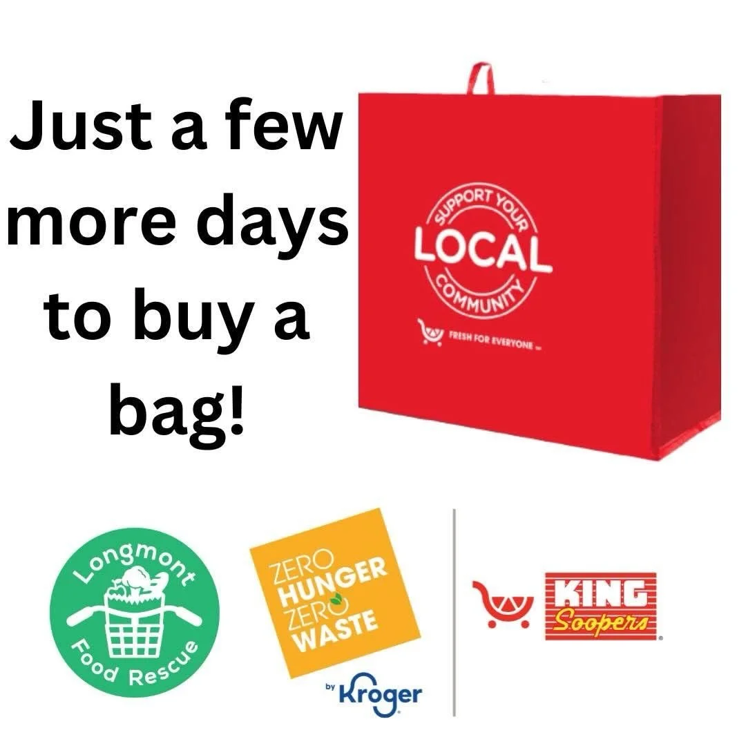 🚨 Last week to buy a bag and support LFR!! 🚨

Our local King Soopers locations have selected Longmont Food Rescue to benefit from their Fight Hunger bag program! Now through May 30th, whenever a $2.50 reusable Fight Hunger Bag (just like the one pi