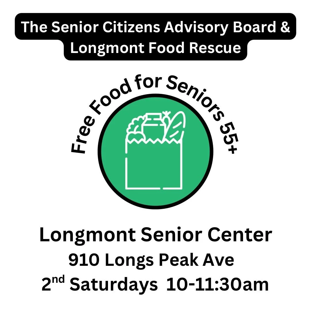 Free, indoor walk-up food distribution on the 2nd Saturday of each month, 10-11:30am at the Longmont Senior Center. No forms to fill out or questions asked. Food is a variety of fresh fruit, vegetables, prepared deli foods, dairy, and bakery items, d