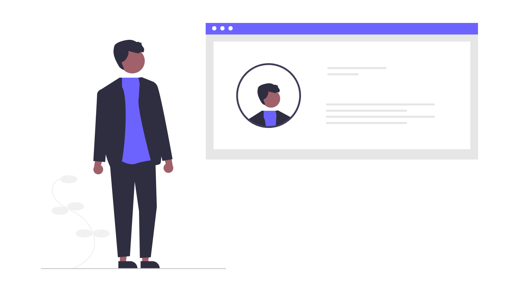 Illustration of a person standing next to a computer screen displaying a profile picture and text.