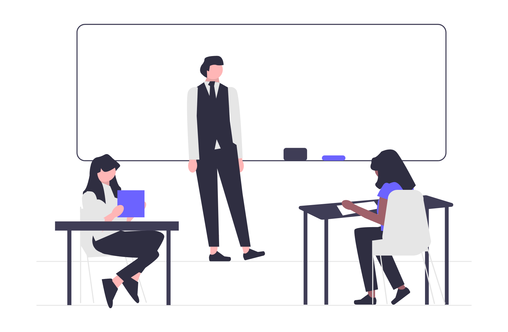 Illustration of a classroom with a female teacher standing in front of a whiteboard, and two students sitting at desks with tablets, listening.