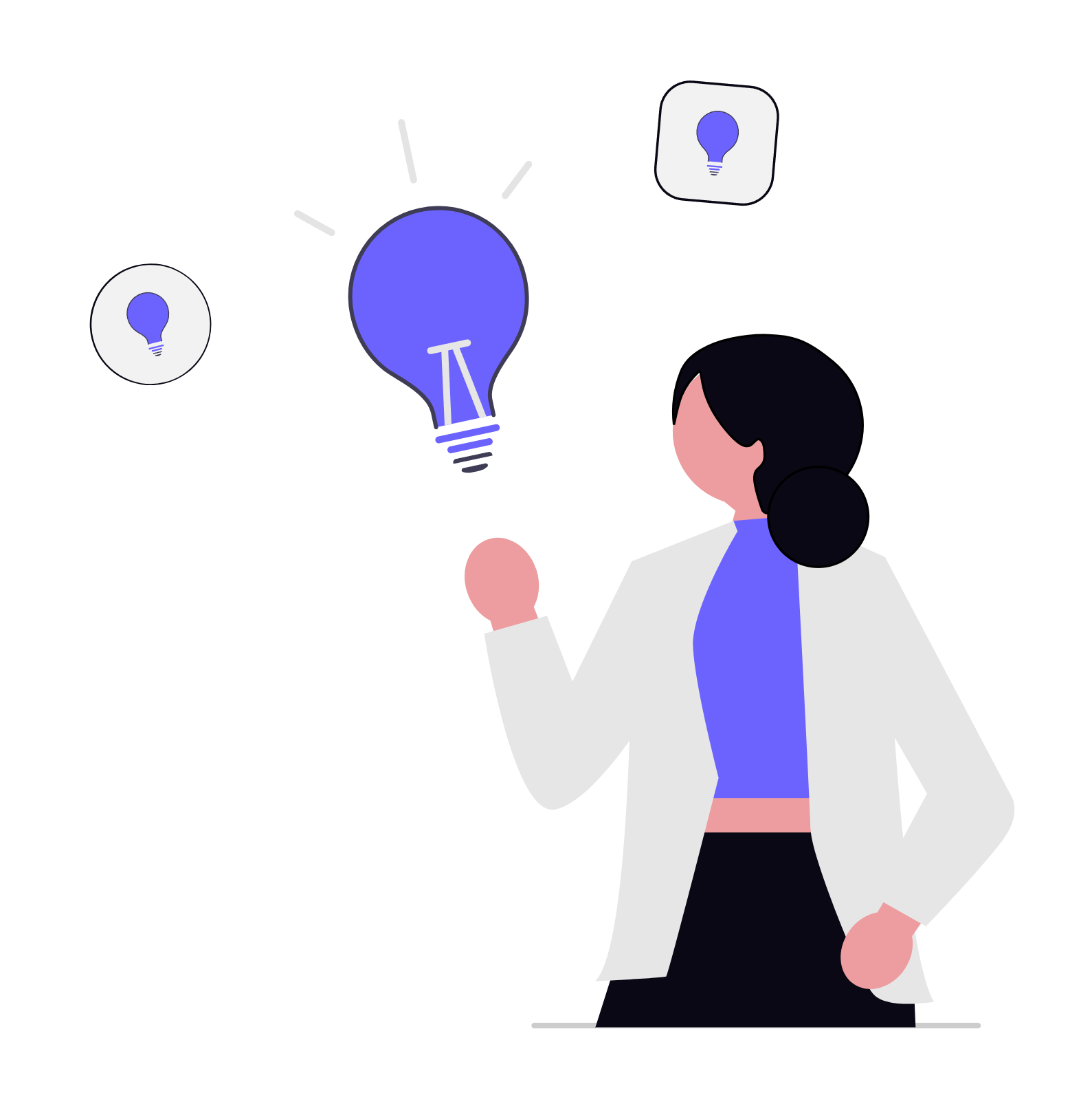 A woman with long black hair in a ponytail wearing a light gray blazer, blue top, and black skirt, standing with her right hand raised. There are three stylized light bulbs floating in the background, with the largest light bulb in the center emitting a faint glow.