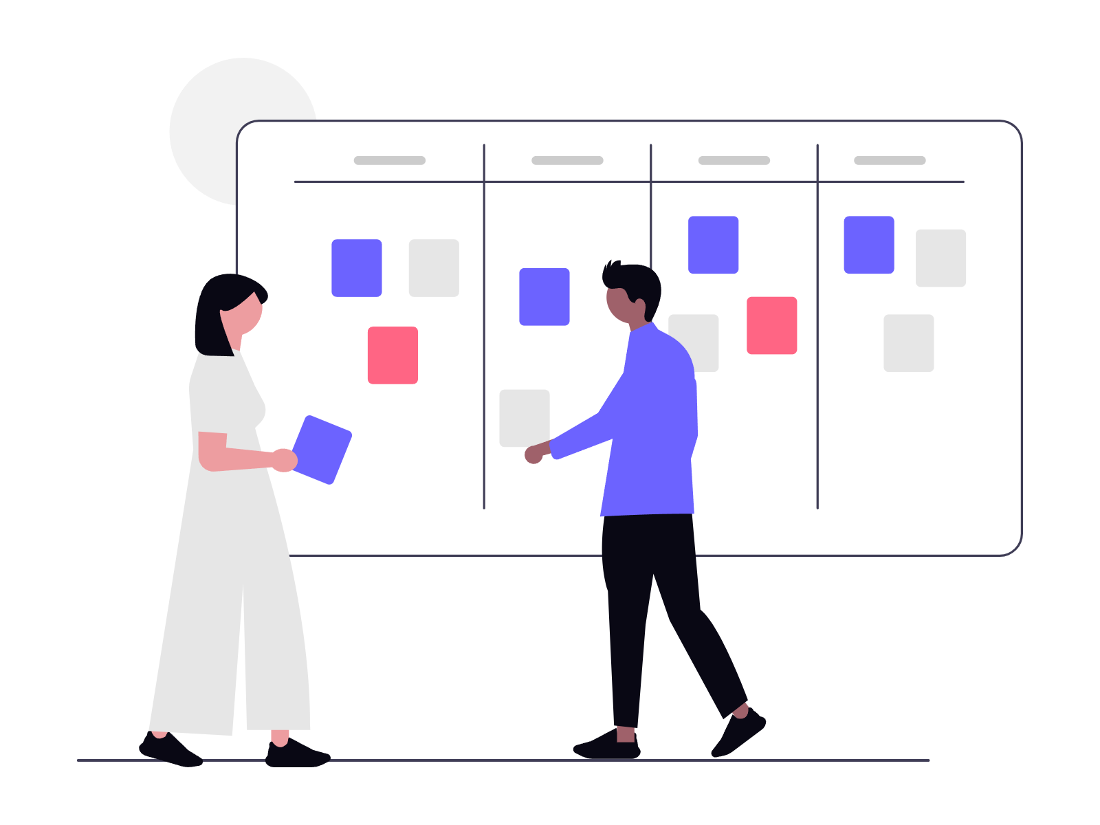 Two people standing in front of a large calendar with colored sticky notes, discussing planning or scheduling.