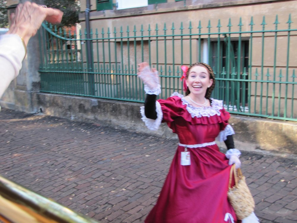  actress in historic costume on streets of Savannah 