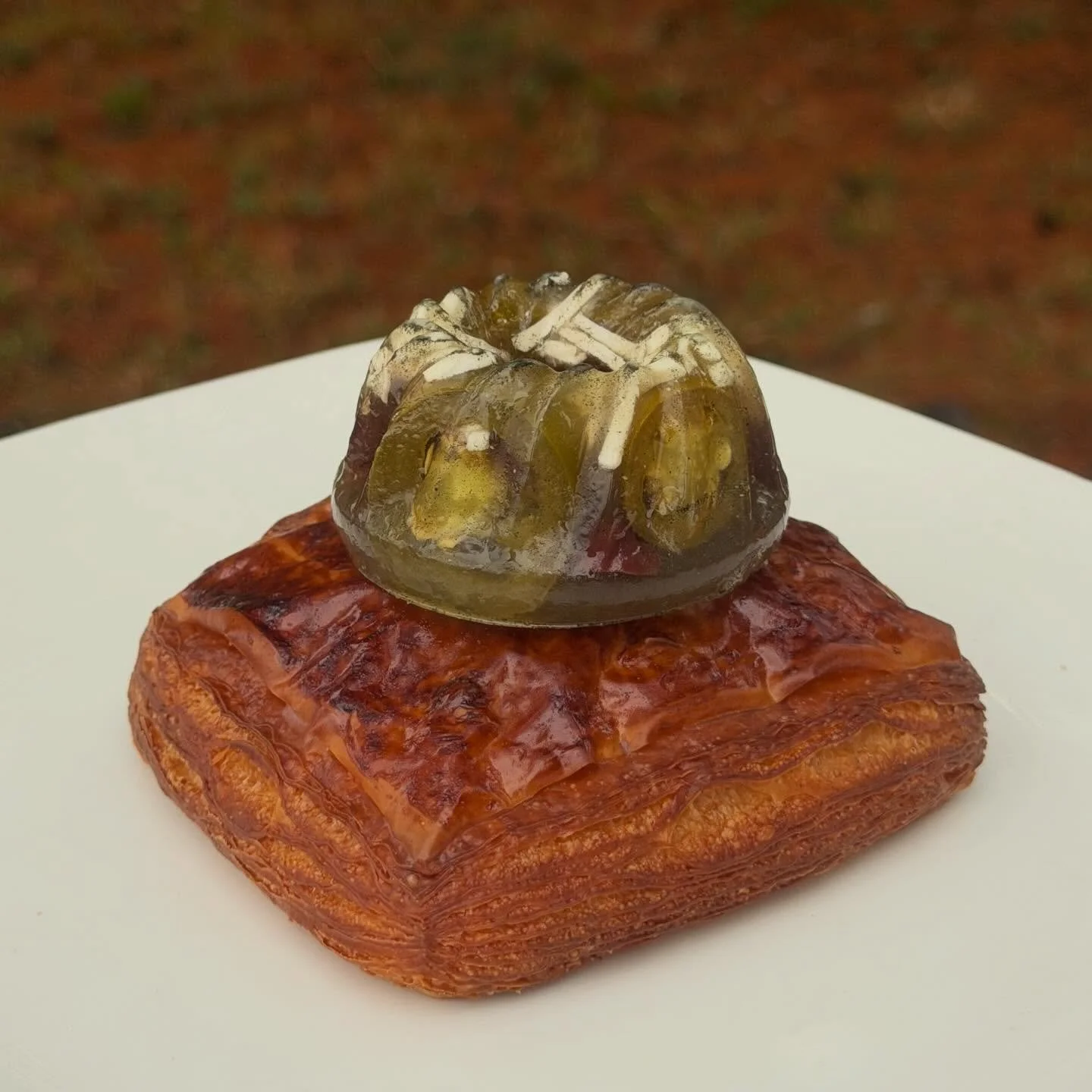 A very special pastry offering for you all on this special day ✨ 

🫑Jalape&ntilde;os, sharp cheddar, &amp; kalamata olives suspended in gelatin.
💗Sprinkles &amp; glitter suspended in pink gelatin. 

😍VERY limited numbers available, TODAY only!!🗓️