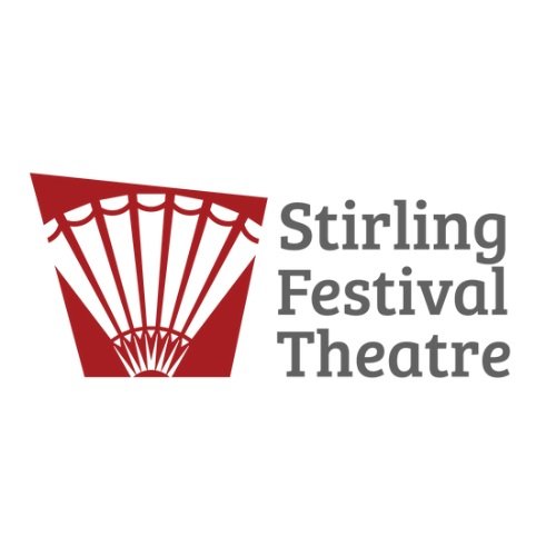 Logo of Stirling Festival Theatre featuring a red and white graphic resembling a theater curtain next to the text "Stirling Festival Theatre."