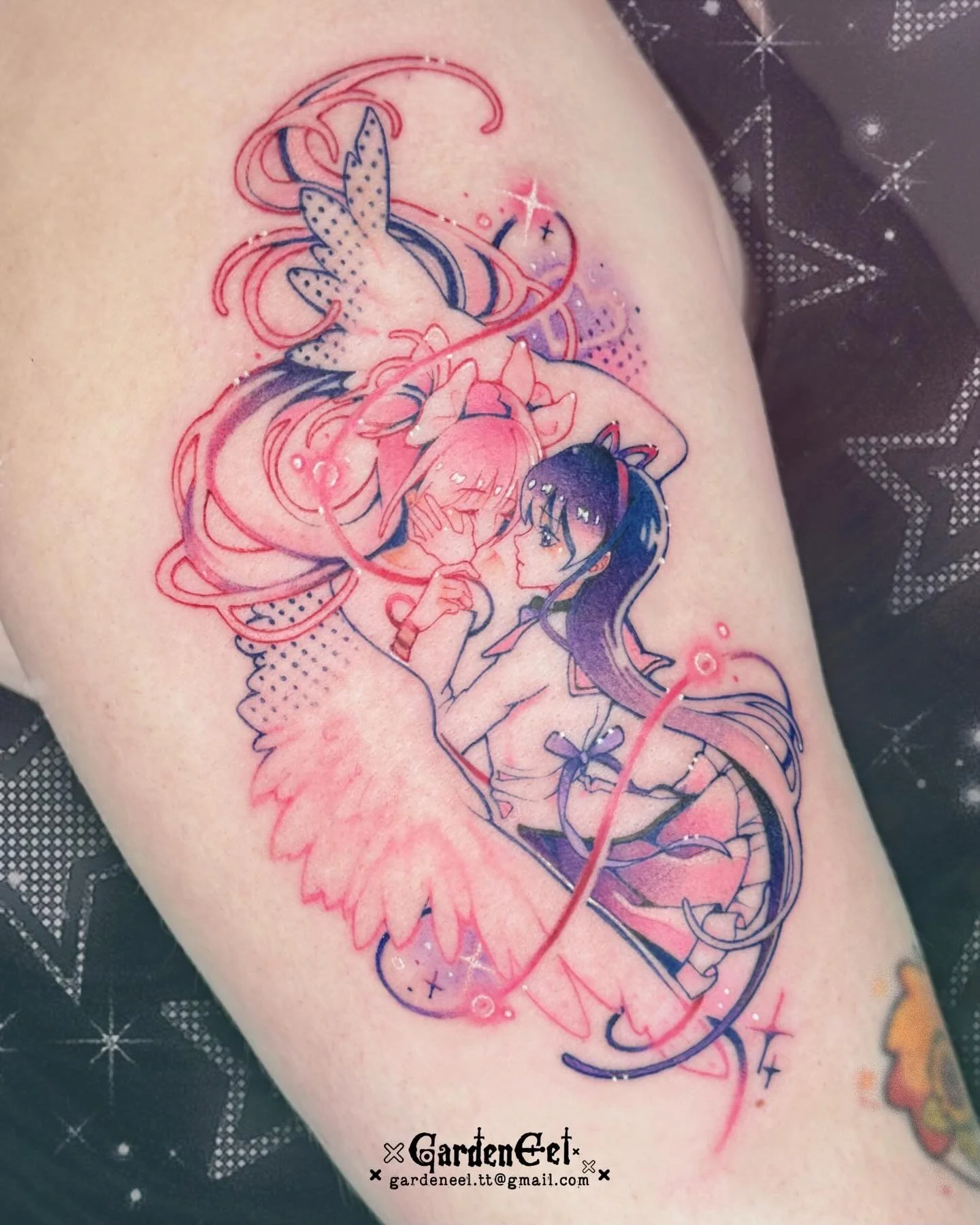 💟 Madoka &amp; Homura 
Custom design ✨
Thanks for trusting! 💕 
So happy to get this piece done 🥹 looks very nice on the skin💕
.
&middot;̩͙꒰ঌ ✞.᛭..✟..᛭.✞ ໒꒱&middot; ﾟ
.
Based in Toronto - Jan. [Open]
.
DM/Email to book✨ More available flashes in t